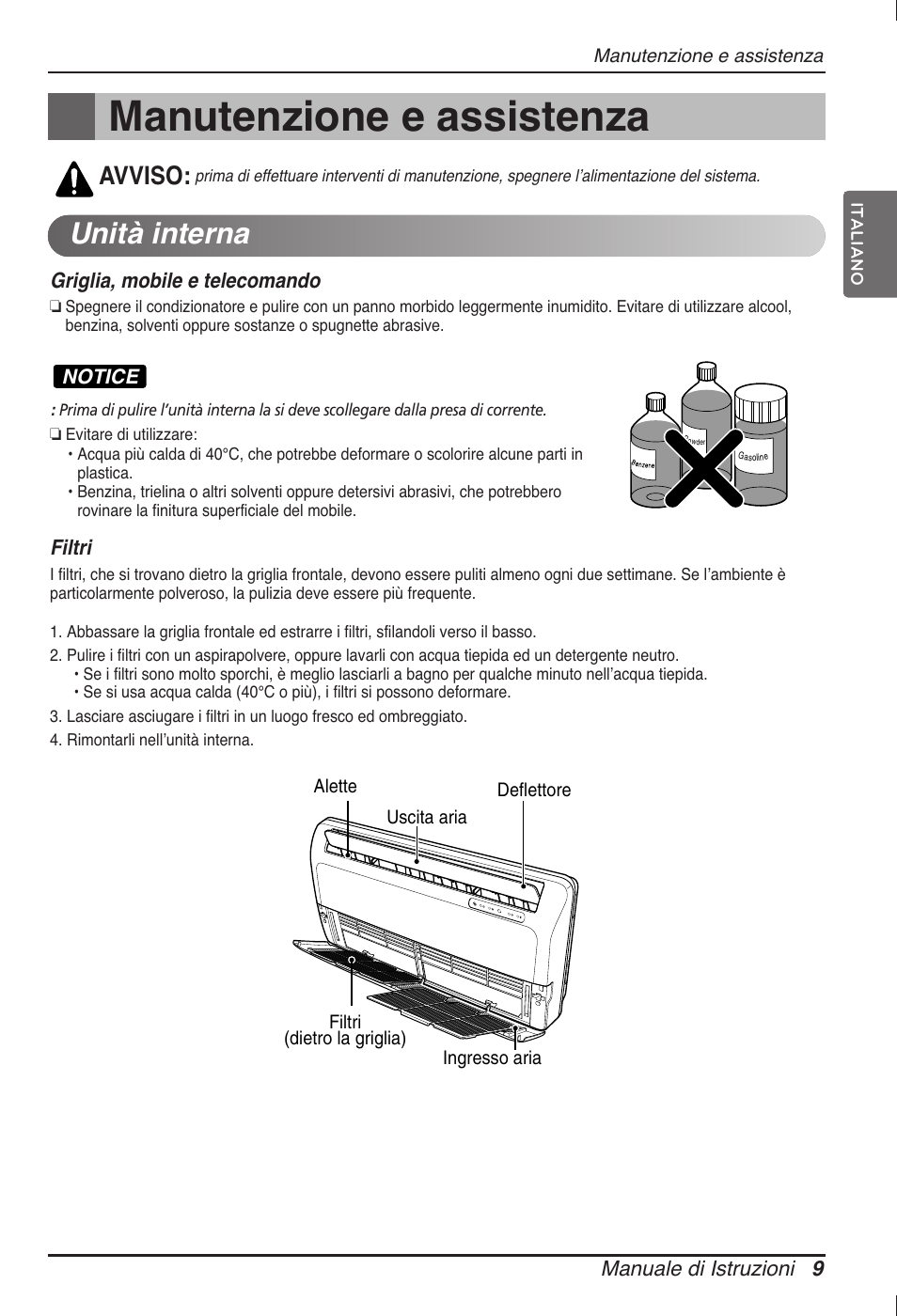 Manutenzione e assistenza, Unità interna, Avviso | LG ARNU09GVEA2 User Manual | Page 21 / 205