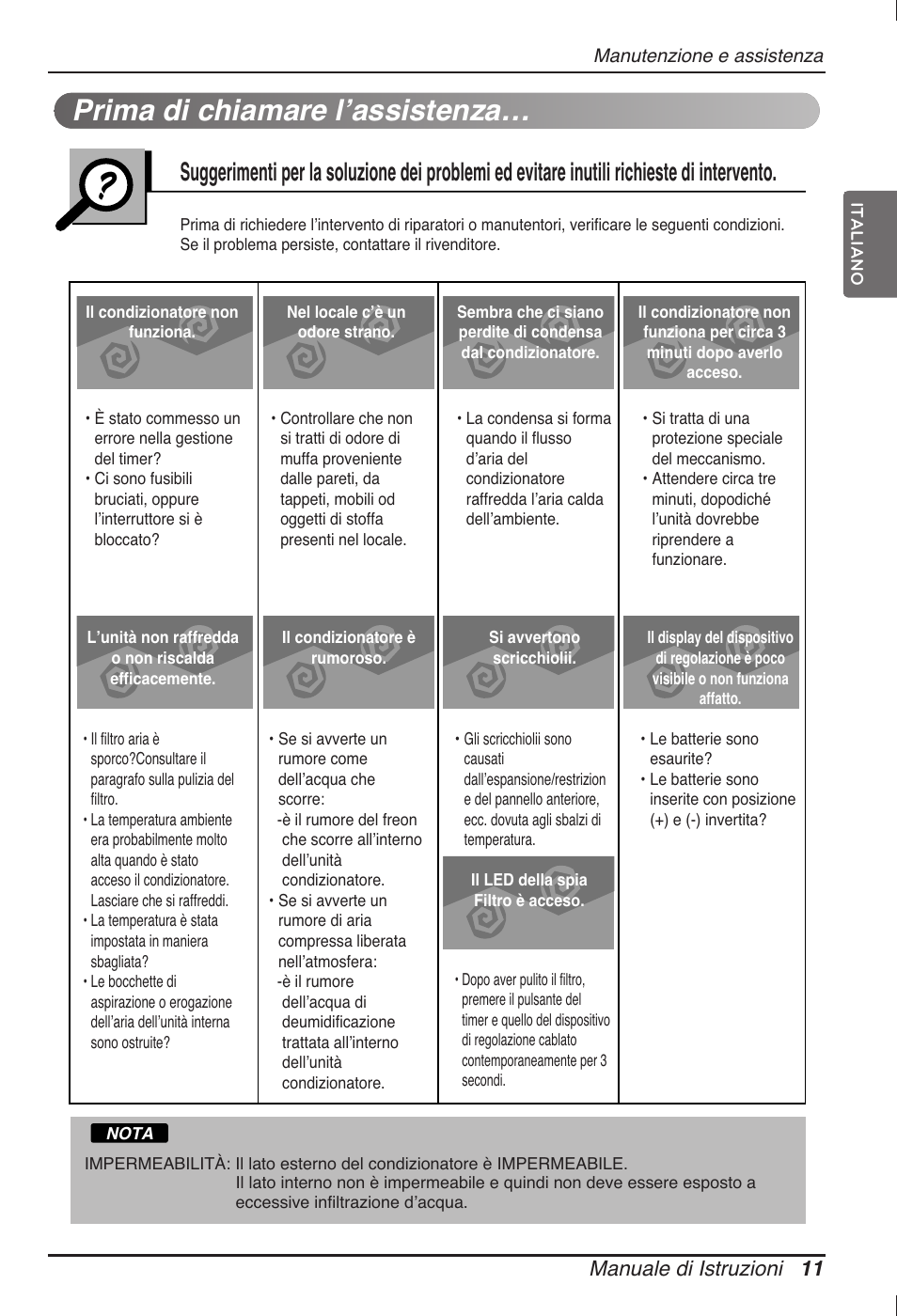 Prima di chiamare lʼassistenza, Manuale di istruzioni 11 | LG ARNU09GVEA2 User Manual | Page 23 / 205