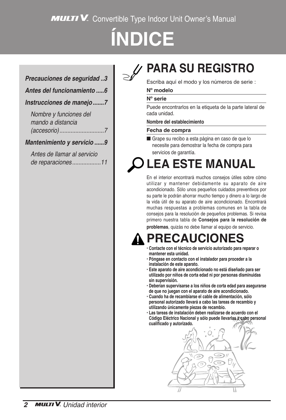 Índice, Para su registro, Lea este manual | Precauciones, Convertible type indoor unit ownerʼs manual | LG ARNU09GVEA2 User Manual | Page 26 / 205