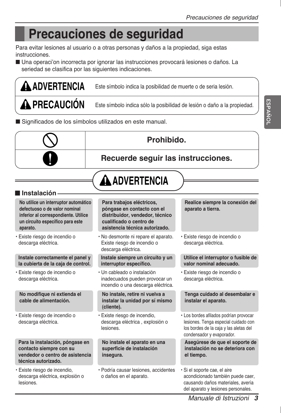 Precauciones de seguridad, Advertencia, Advertencia precaución | Prohibido. recuerde seguir las instrucciones | LG ARNU09GVEA2 User Manual | Page 27 / 205