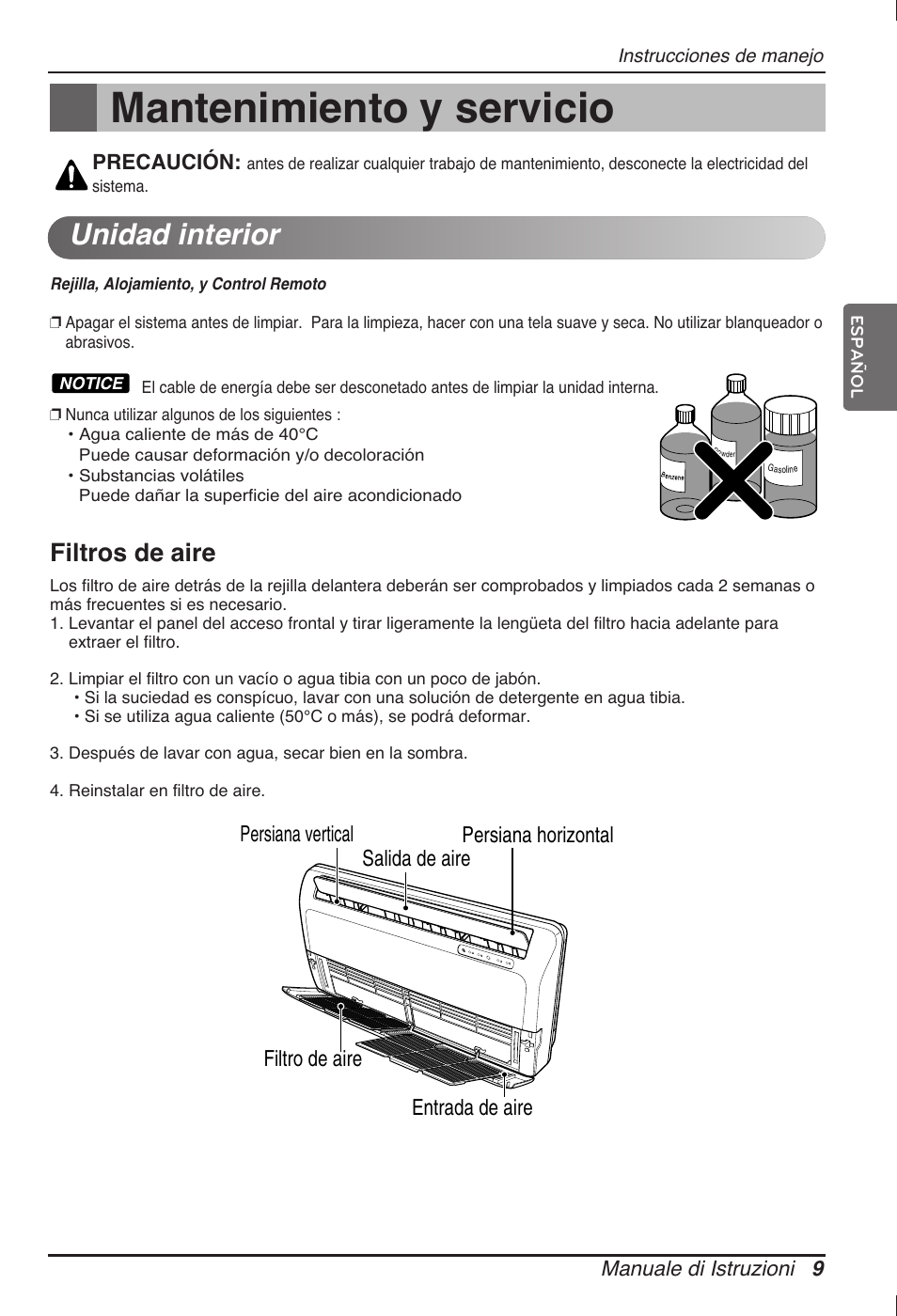 Mantenimiento y servicio, Unidad interior, Filtros de aire | LG ARNU09GVEA2 User Manual | Page 33 / 205