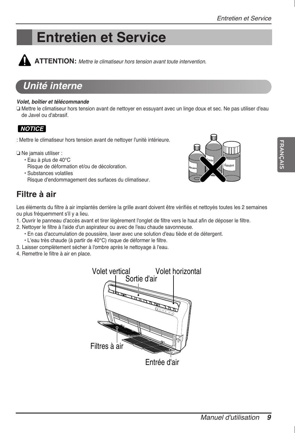 Entretien et service, Unité interne, Filtre à air | LG ARNU09GVEA2 User Manual | Page 45 / 205