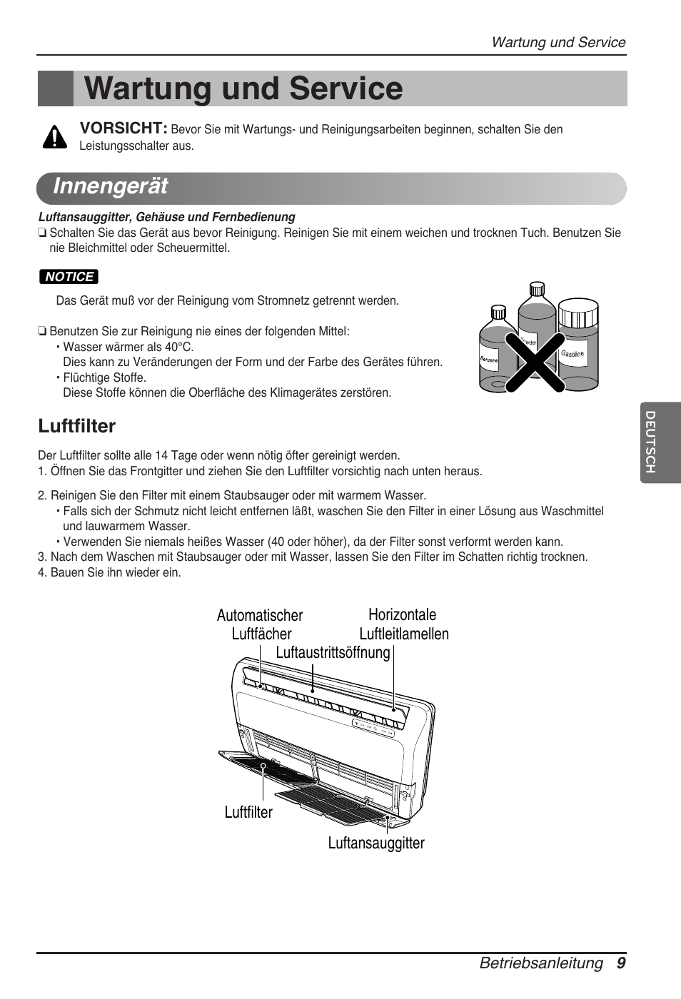 Wartung und service, Innengerät, Luftfilter | LG ARNU09GVEA2 User Manual | Page 57 / 205