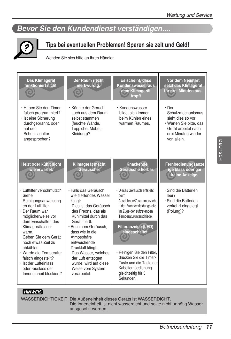 Bevor sie den kundendienst verständigen, Betriebsanleitung 11 | LG ARNU09GVEA2 User Manual | Page 59 / 205