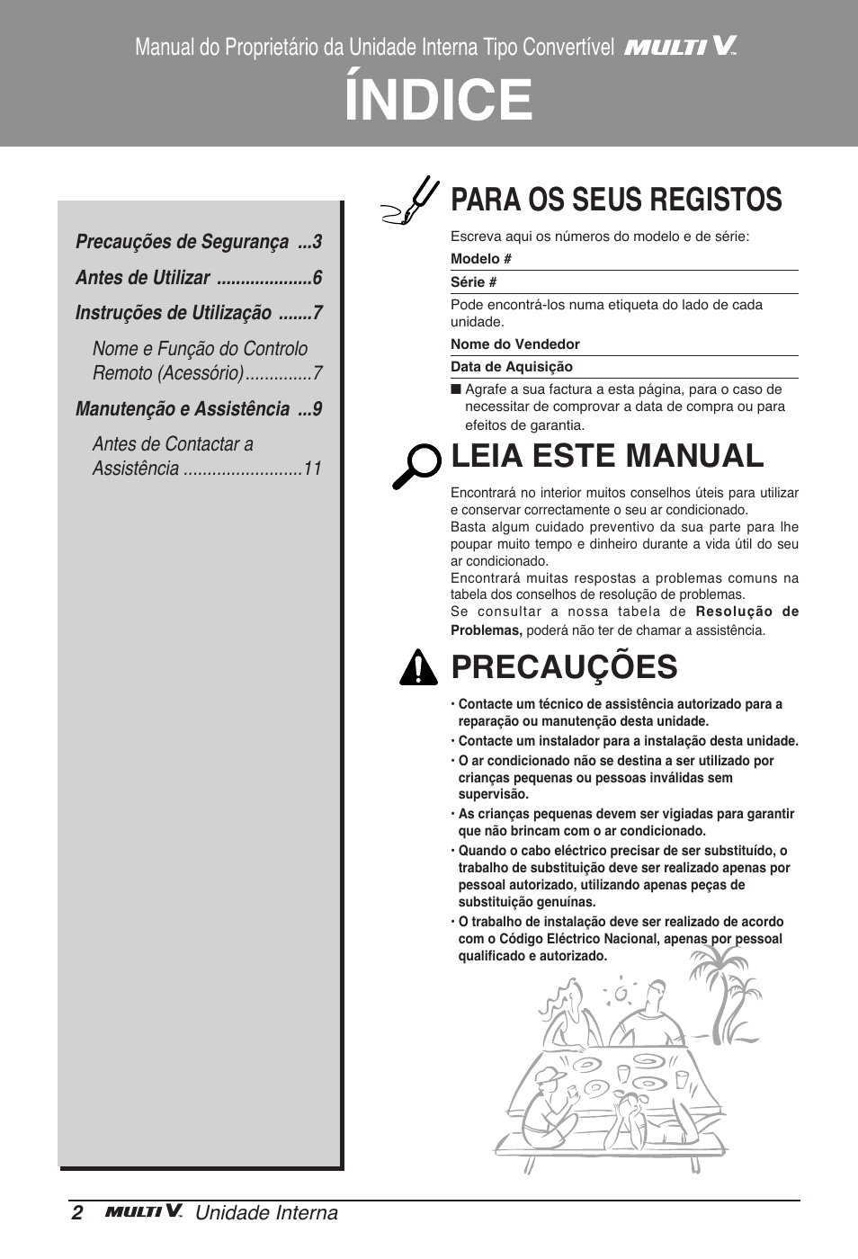 Índice, Para os seus registos, Leia este manual | Precauções | LG ARNU09GVEA2 User Manual | Page 74 / 205