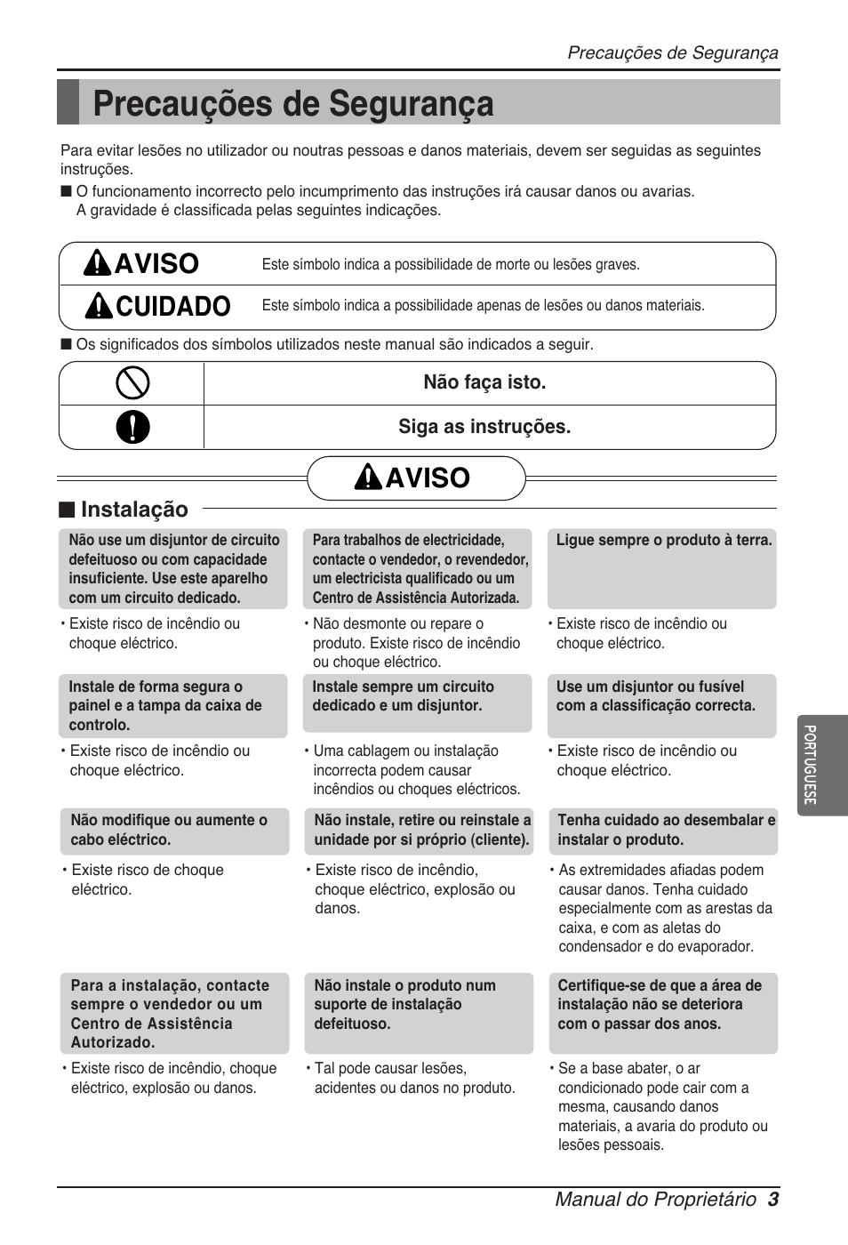 Precauções de segurança, Aviso cuidado, Aviso | N instalação | LG ARNU09GVEA2 User Manual | Page 75 / 205