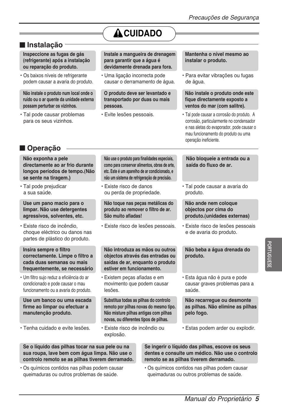 Cuidado, N instalação, N operação | Manual do proprietário 5 | LG ARNU09GVEA2 User Manual | Page 77 / 205