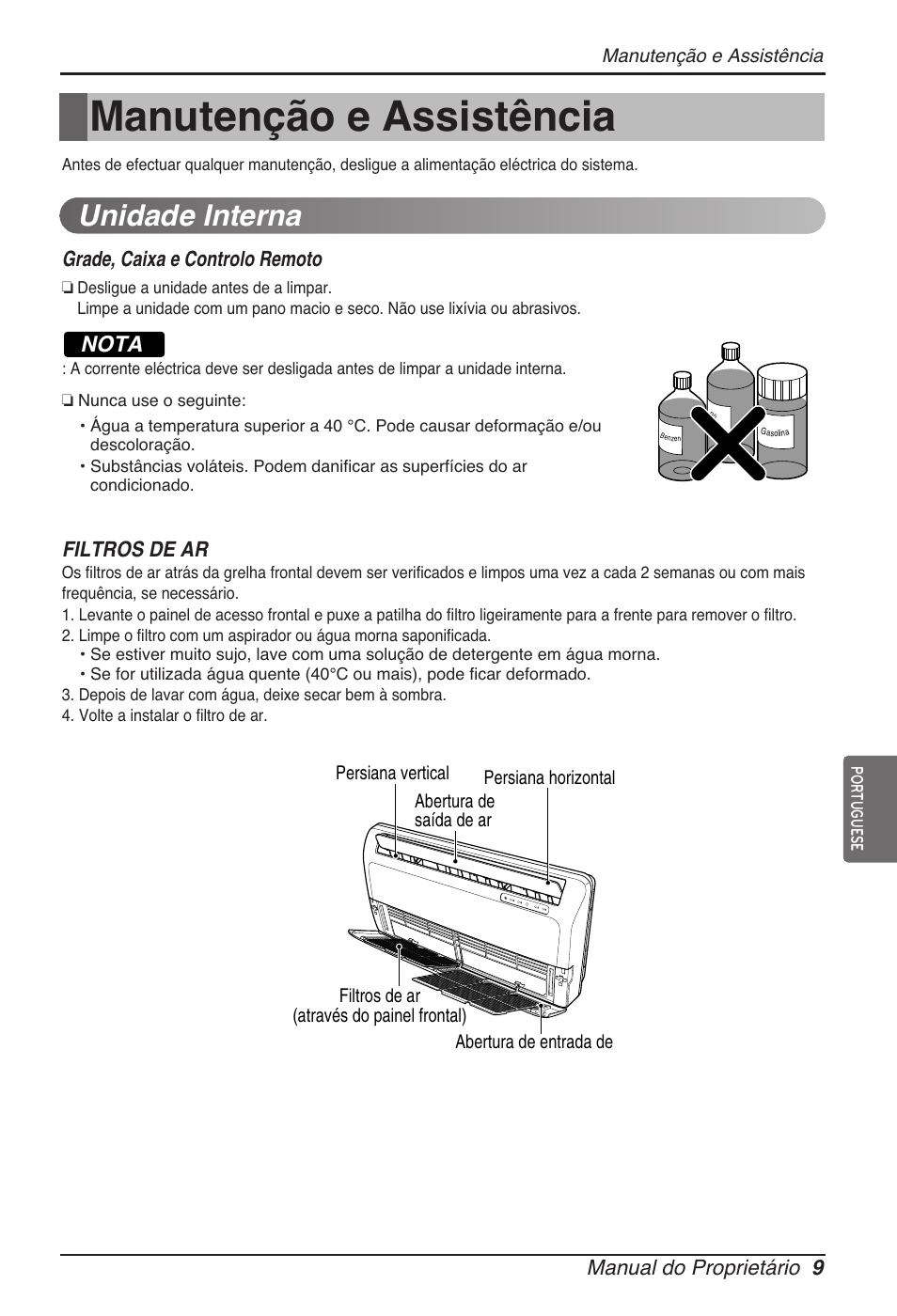 Manutenção e assistência, Unidade interna, Nota | LG ARNU09GVEA2 User Manual | Page 81 / 205