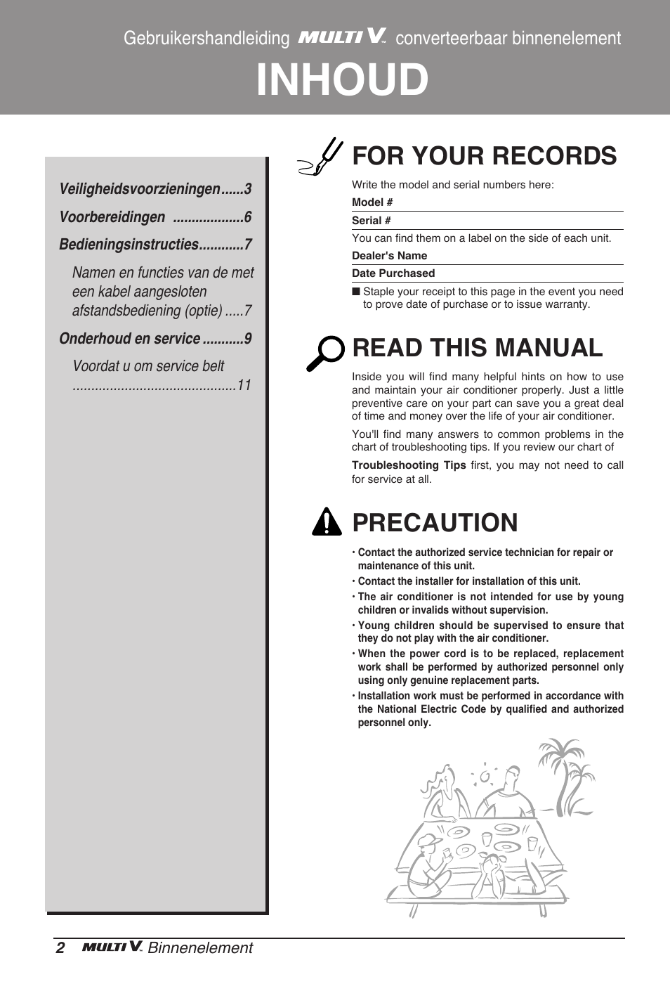 Inhoud, For your records, Read this manual | Precaution, Gebruikershandleiding converteerbaar binnenelement | LG ARNU09GVEA2 User Manual | Page 86 / 205