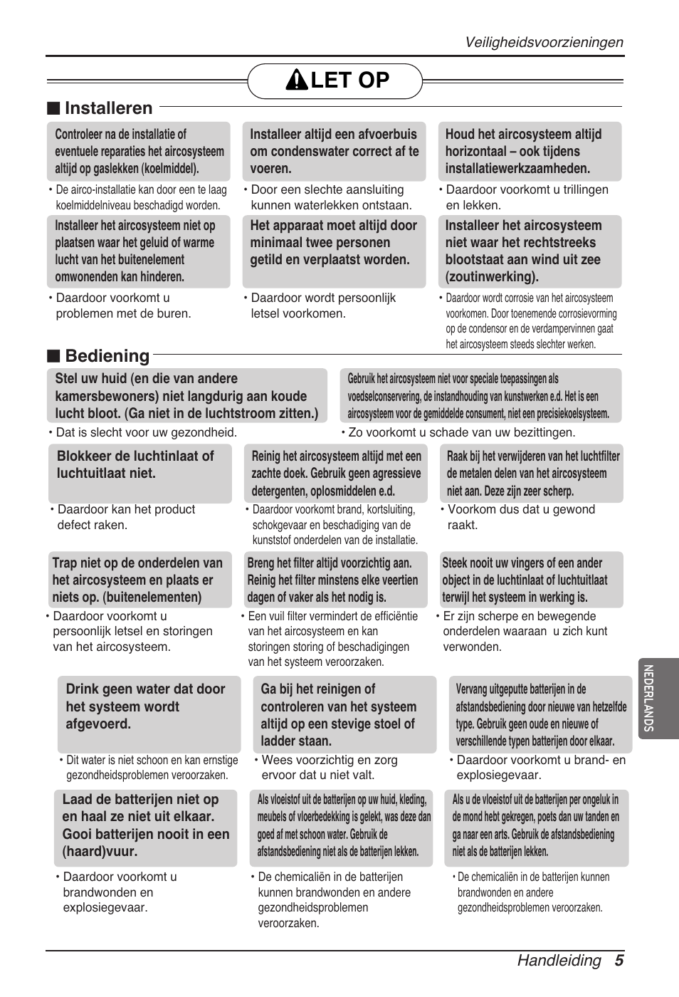 Let op, N installeren, N bediening | Handleiding 5 | LG ARNU09GVEA2 User Manual | Page 89 / 205