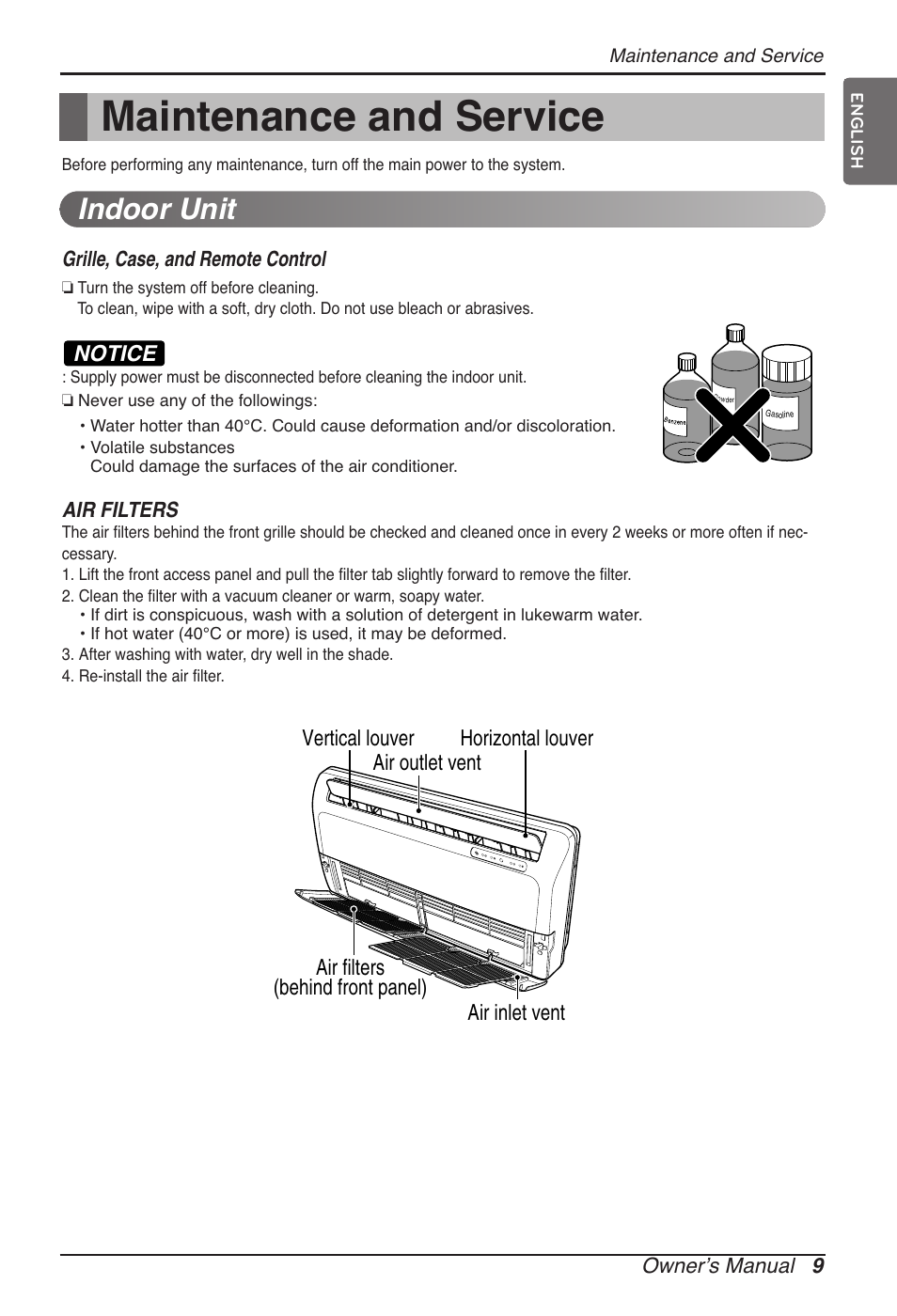 Maintenance and service, Indoor unit | LG ARNU09GVEA2 User Manual | Page 9 / 205