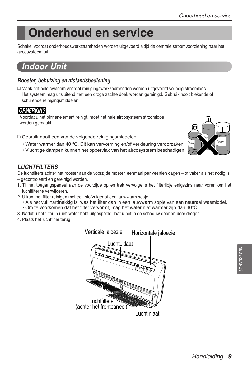 Onderhoud en service, Indoor unit | LG ARNU09GVEA2 User Manual | Page 93 / 205