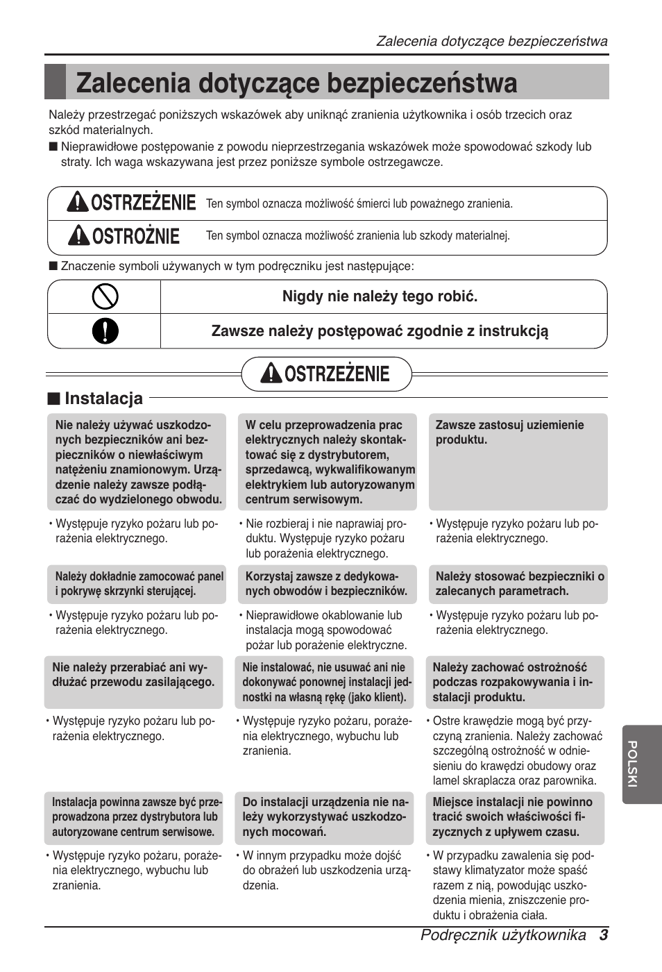 Zalecenia dotyczące bezpieczeństwa, N instalacja, Podręcznik użytkownika 3 | LG ARNU09GVEA2 User Manual | Page 99 / 205