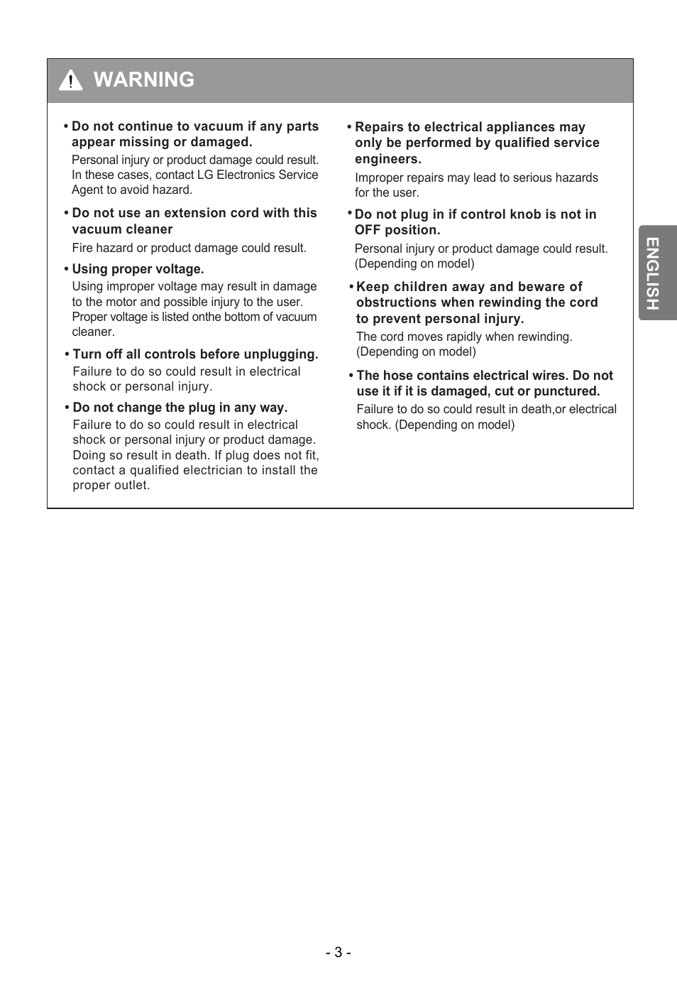 Warning | LG VC1016NNTQ User Manual | Page 4 / 24