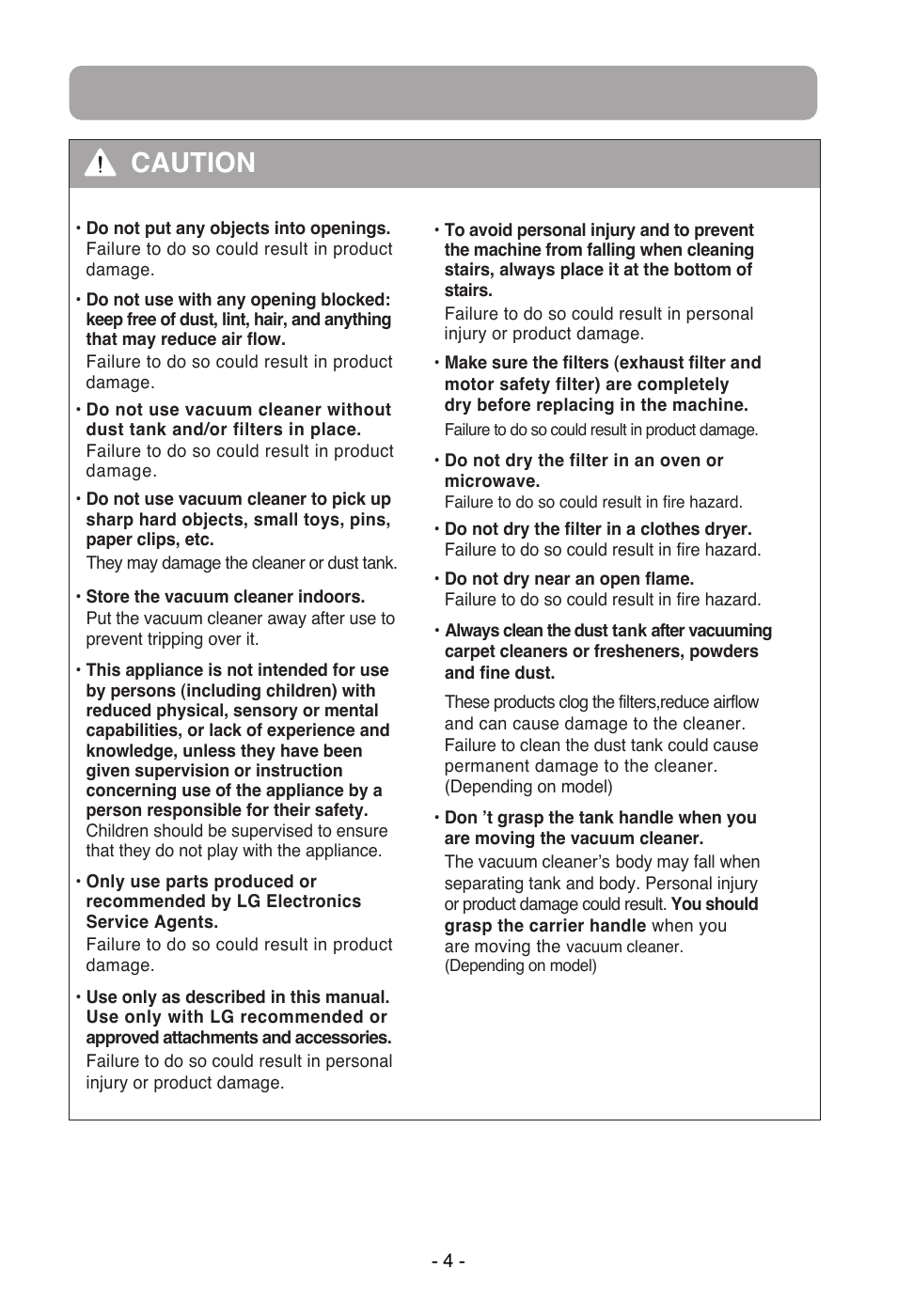 Important safety instructions, Caution | LG VC1016NNTQ User Manual | Page 5 / 24