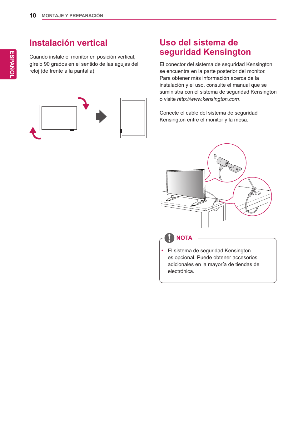 Instalación vertical, Uso del sistema de seguridad kensington | LG 32WL30MS-B User Manual | Page 10 / 74