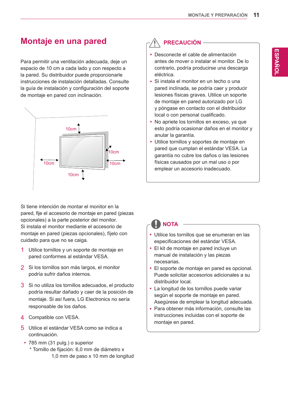 Montaje en una pared | LG 32WL30MS-B User Manual | Page 11 / 74