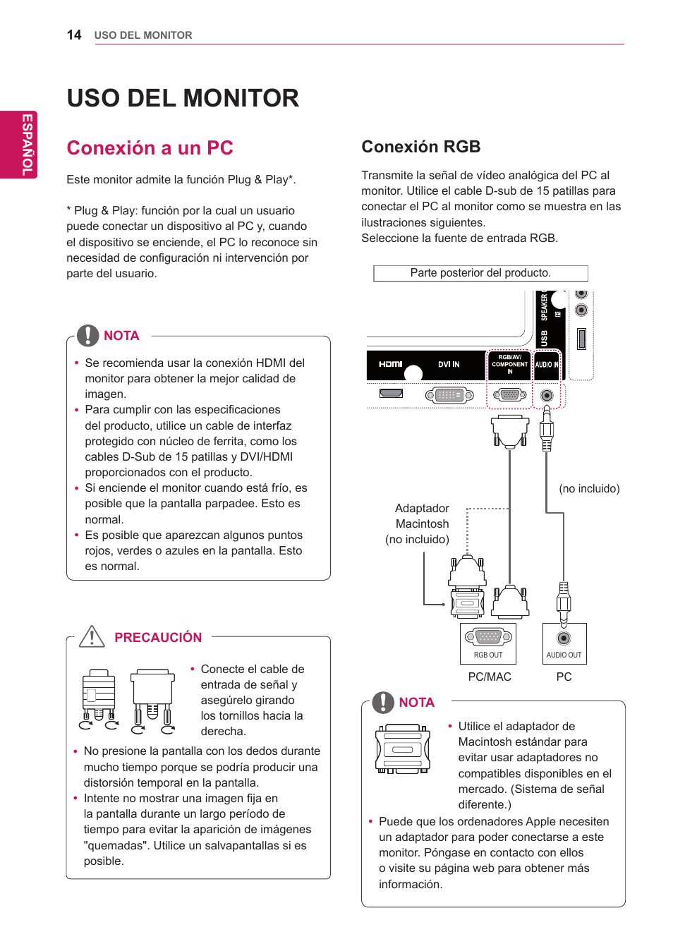 Uso del monitor, Conexión a un pc, Conexión rgb | 14 conexión a un pc 14 | LG 32WL30MS-B User Manual | Page 14 / 74