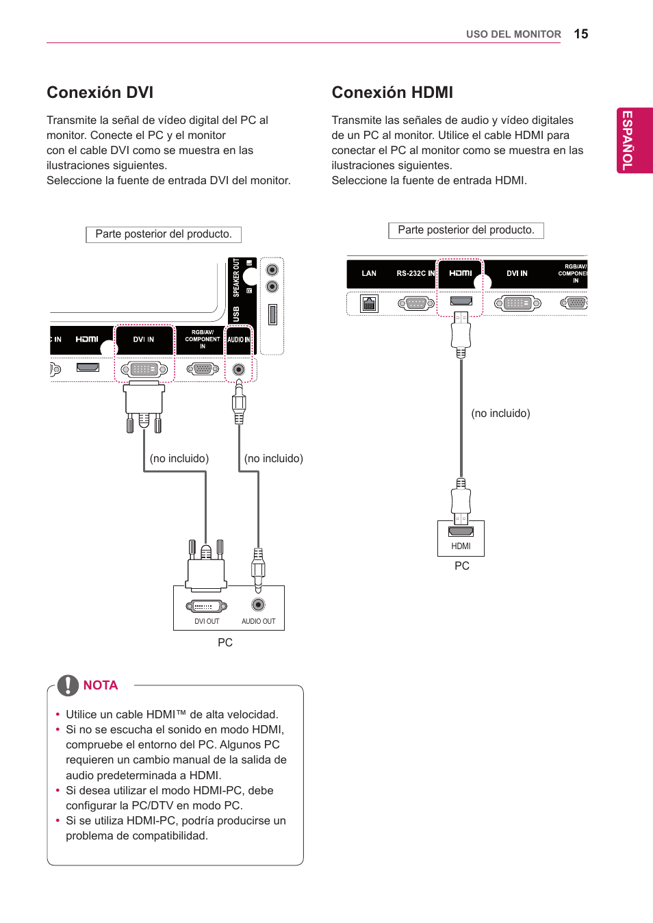 Conexión dvi, Conexión hdmi | LG 32WL30MS-B User Manual | Page 15 / 74