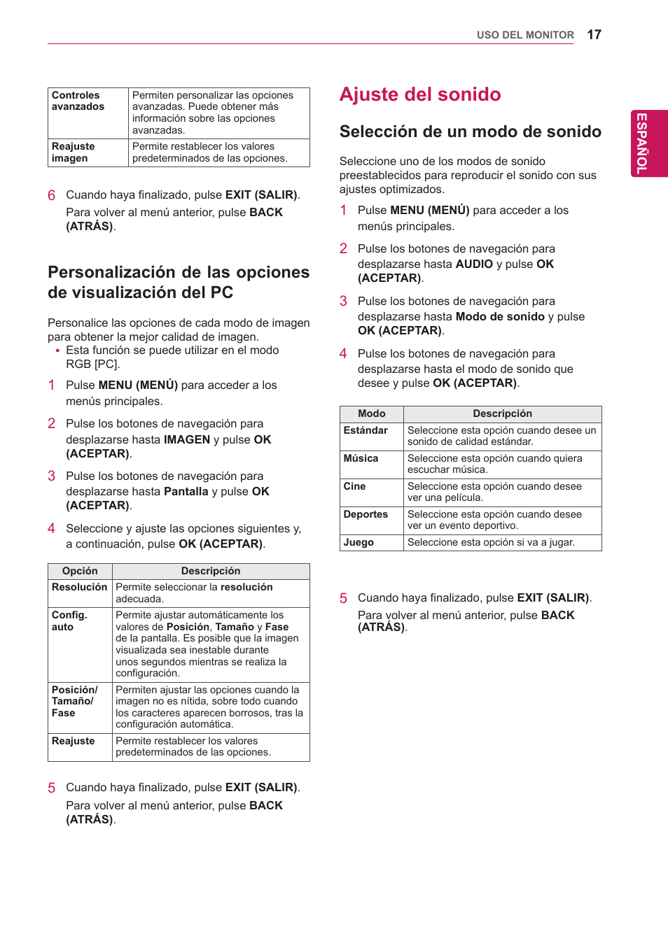 Ajuste del sonido, Selección de un modo de sonido, Personalización de las opciones de | Visualización del pc, 17 ajuste del sonido 17 | LG 32WL30MS-B User Manual | Page 17 / 74