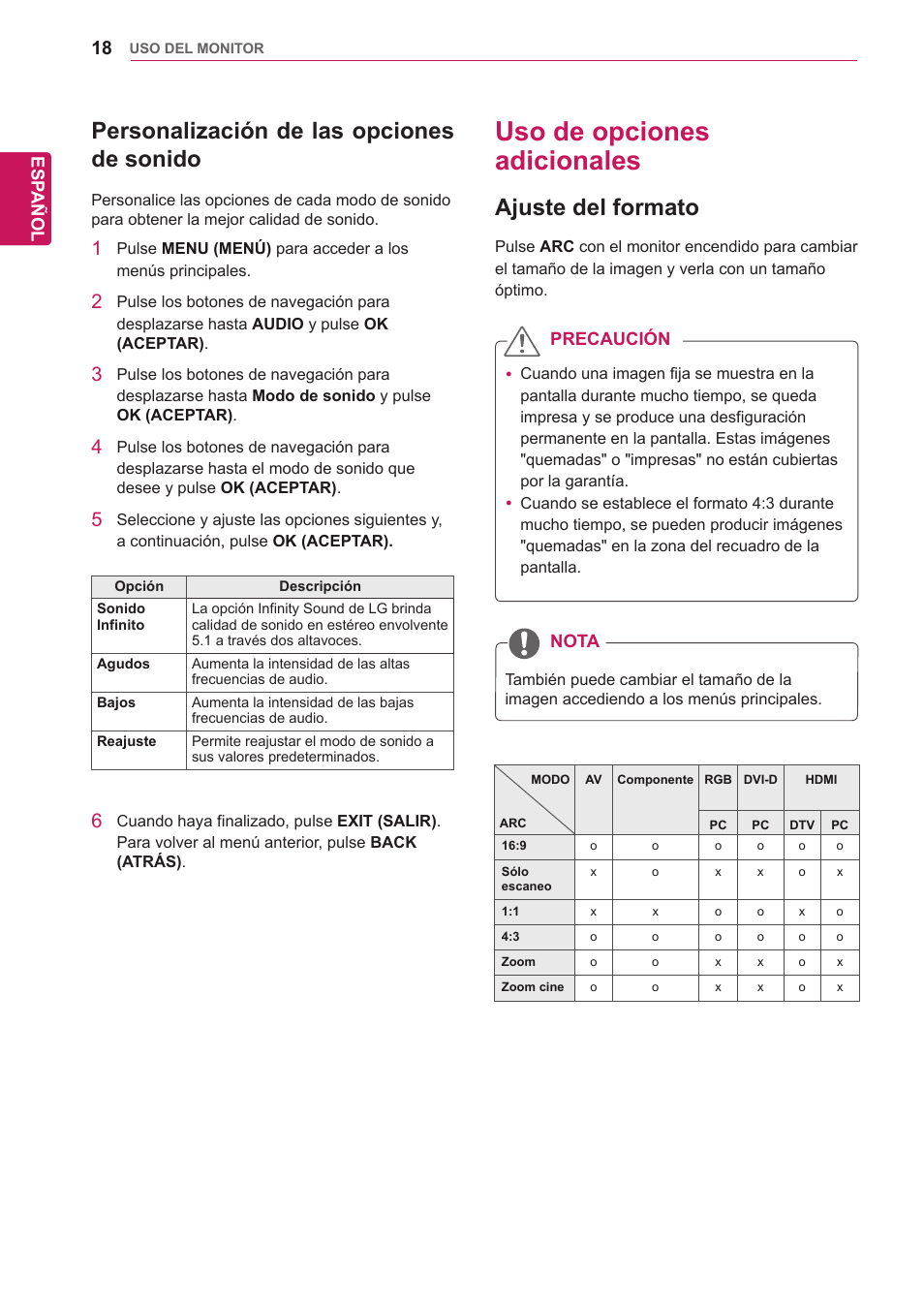Personalización de las opciones de sonido, Uso de opciones adicionales, Ajuste del formato | Personalización de las opciones de, Sonido, 18 uso de opciones adicionales 18 | LG 32WL30MS-B User Manual | Page 18 / 74