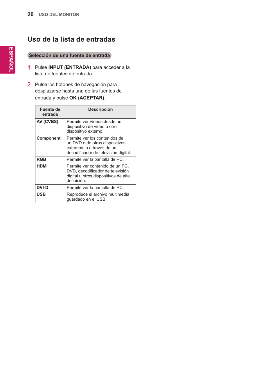 Uso de la lista de entradas | LG 32WL30MS-B User Manual | Page 20 / 74