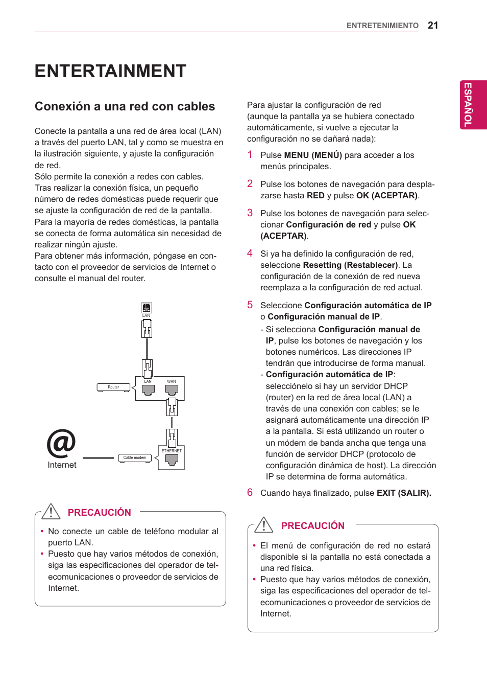 Entertainment, Conexión a una red con cables | LG 32WL30MS-B User Manual | Page 21 / 74