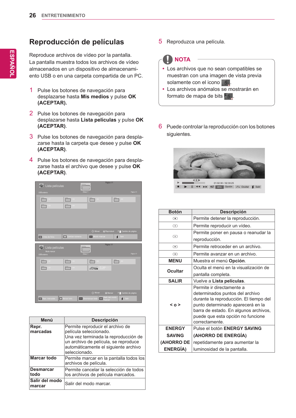 Reproducción de películas, Esp añol, Nota | LG 32WL30MS-B User Manual | Page 26 / 74