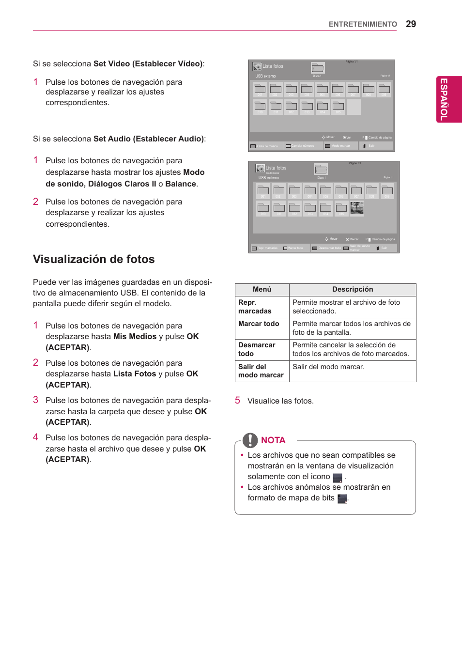 Visualización de fotos, Esp añol, Nota | Si se selecciona set video (establecer vídeo) | LG 32WL30MS-B User Manual | Page 29 / 74