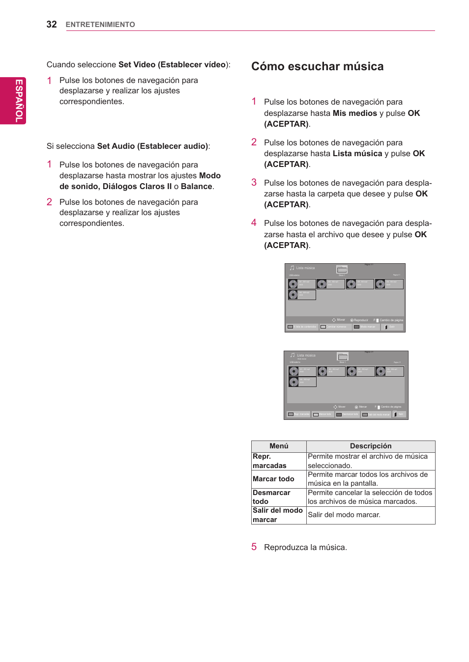 Cómo escuchar música, Esp añol, Cuando seleccione set video (establecer vídeo ) | Reproduzca la música | LG 32WL30MS-B User Manual | Page 32 / 74