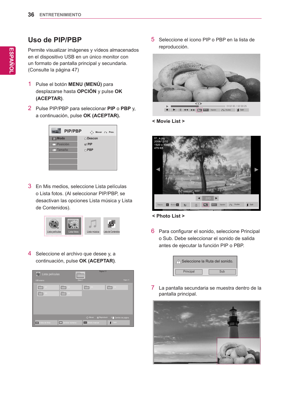 Uso de pip/pbp, Esp añol, Movie list > < photo list | LG 32WL30MS-B User Manual | Page 36 / 74