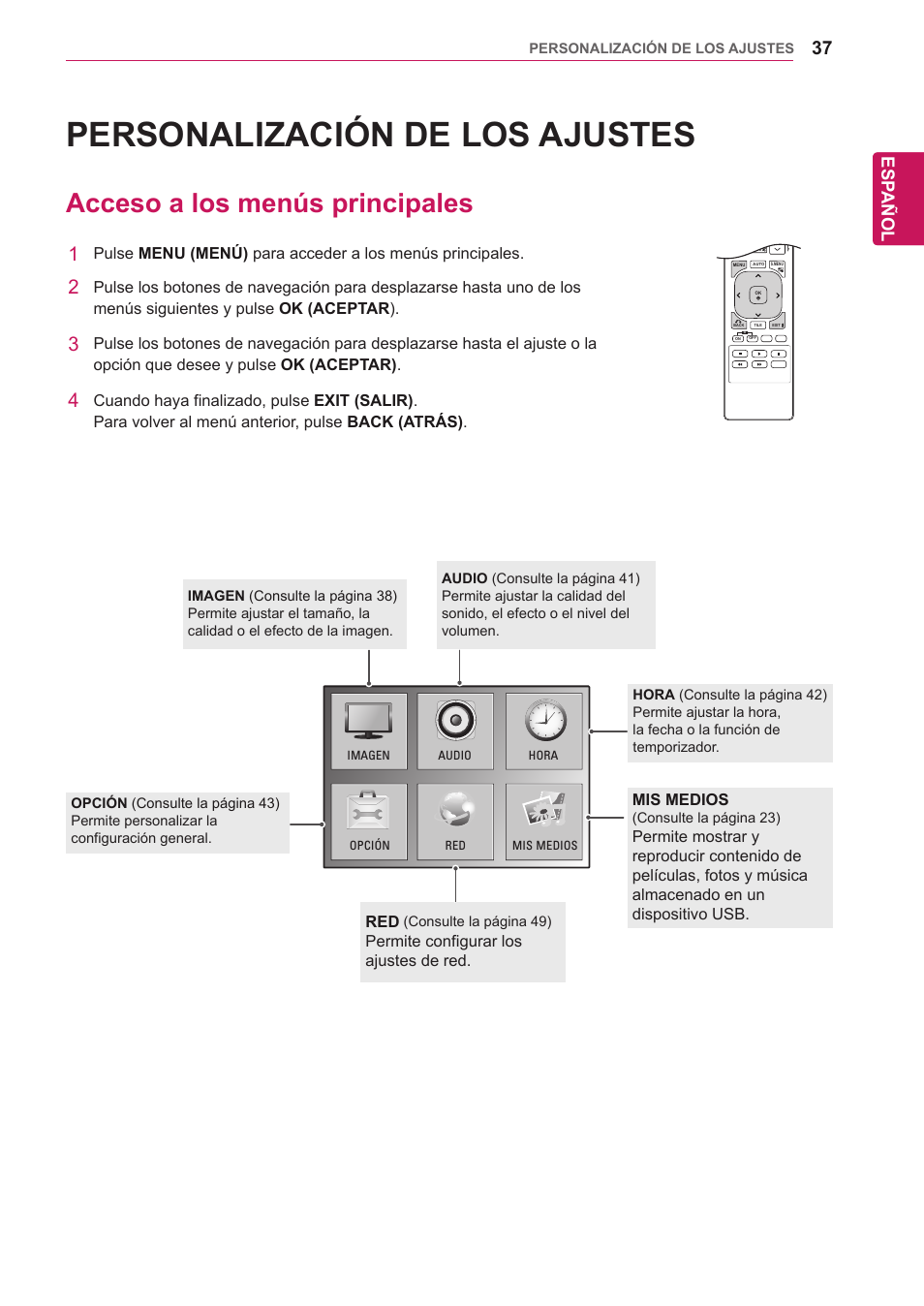 Personalización de los ajustes, Acceso a los menús principales, Personalización de los | Ajustes, 37 acceso a los menús principales, Esp añol | LG 32WL30MS-B User Manual | Page 37 / 74