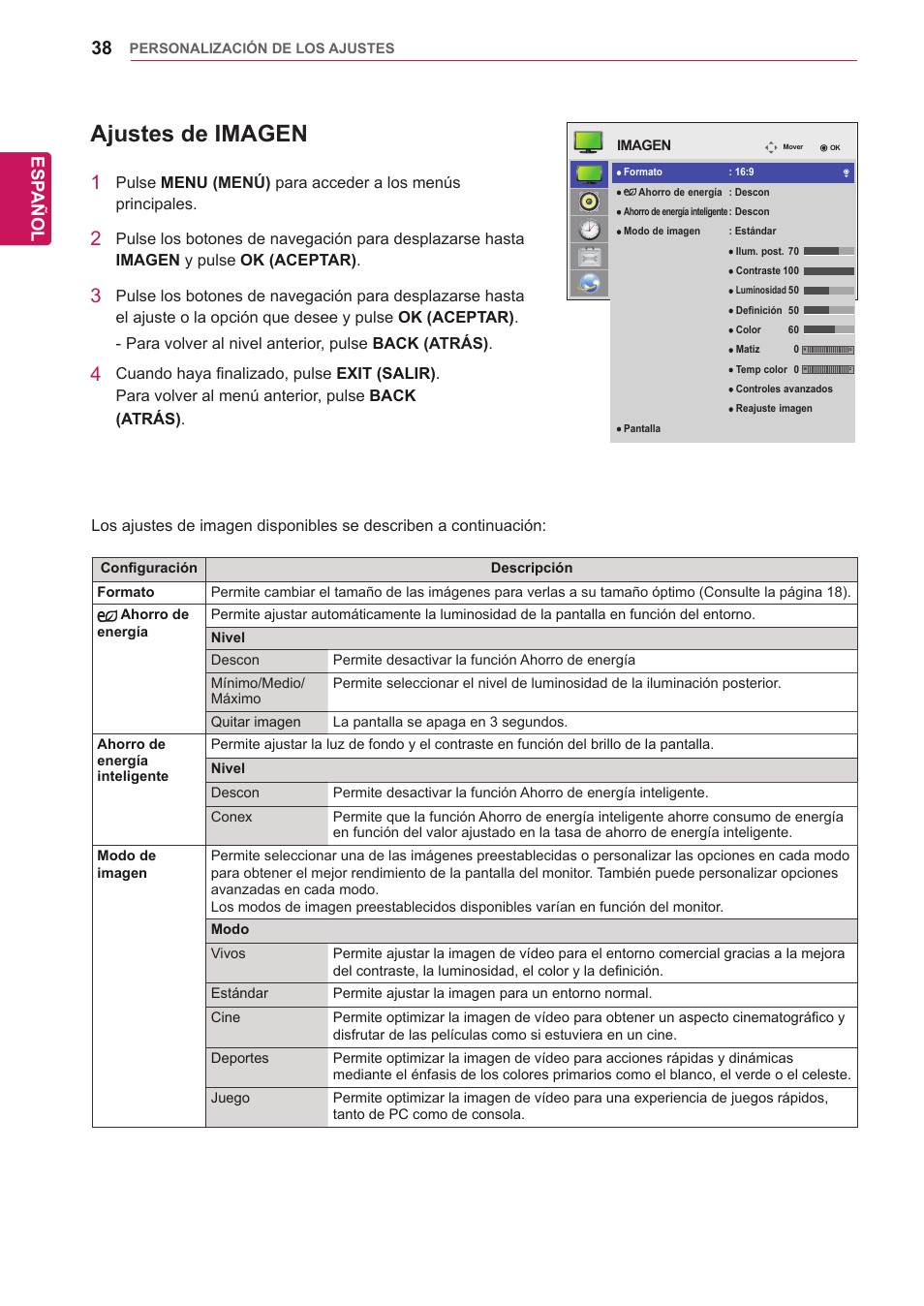 Ajustes de imagen, Esp añol | LG 32WL30MS-B User Manual | Page 38 / 74