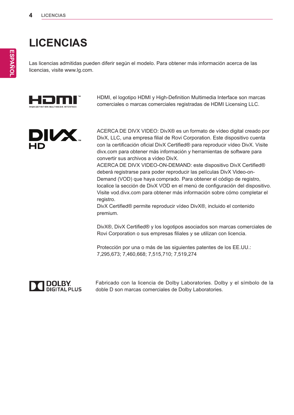 Licencias | LG 32WL30MS-B User Manual | Page 4 / 74