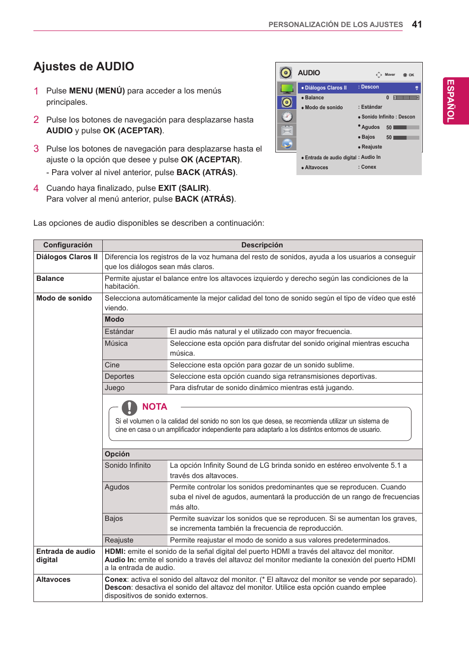 Ajustes de audio, Esp añol, Nota | LG 32WL30MS-B User Manual | Page 41 / 74