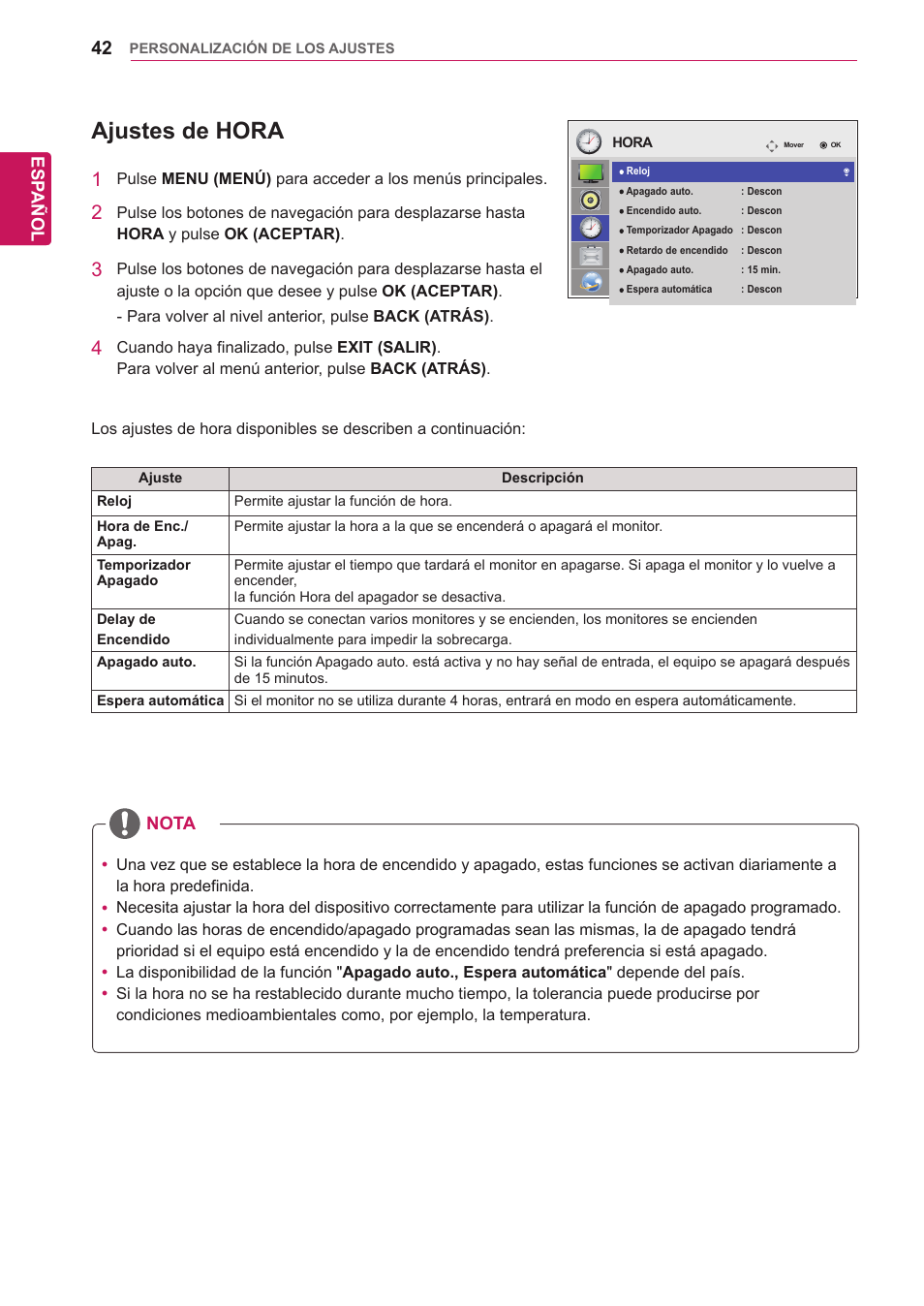 Ajustes de hora | LG 32WL30MS-B User Manual | Page 42 / 74