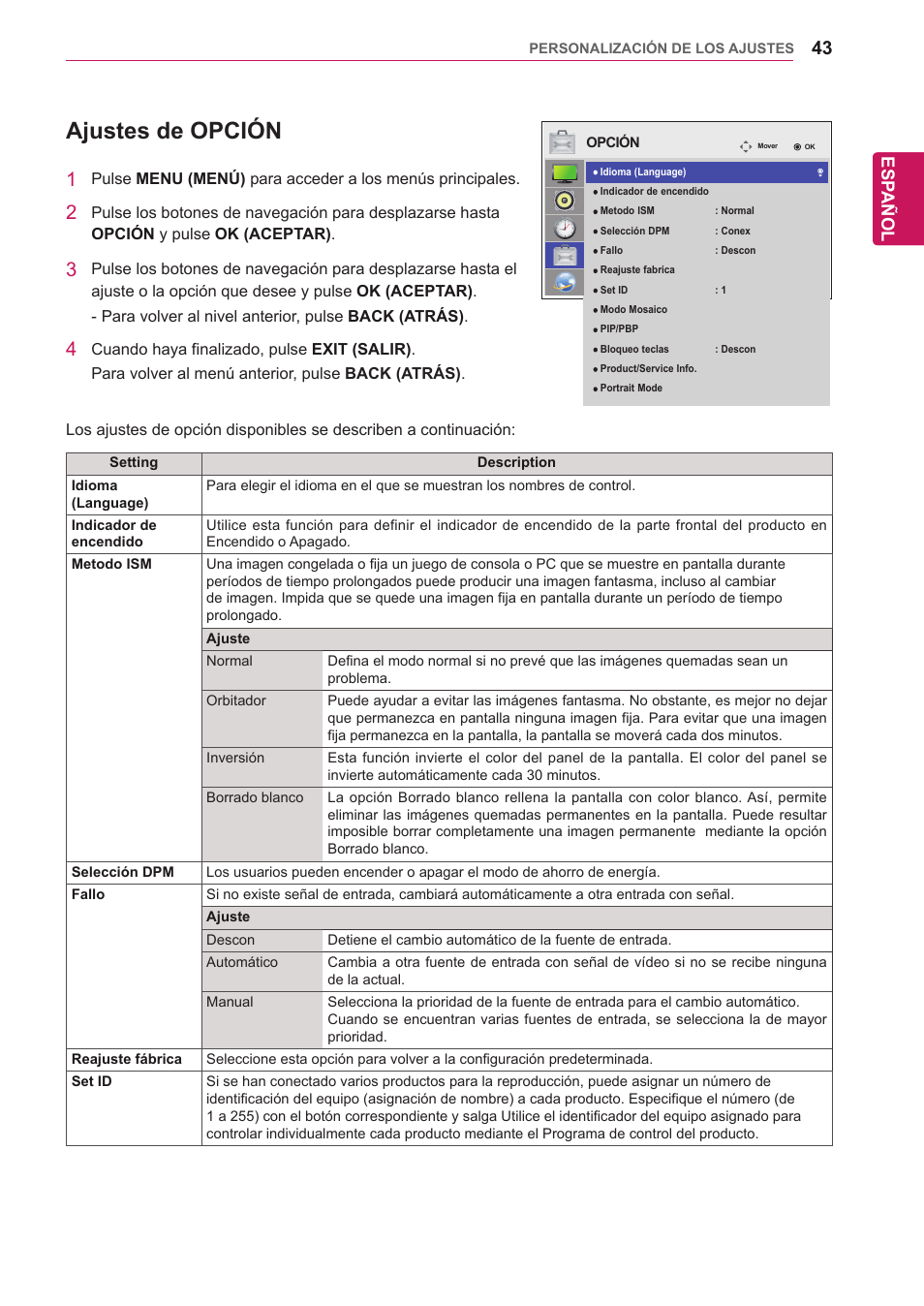 Ajustes de opción, Esp añol | LG 32WL30MS-B User Manual | Page 43 / 74
