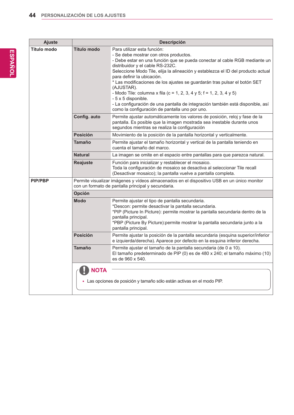 Esp añol, Nota | LG 32WL30MS-B User Manual | Page 44 / 74