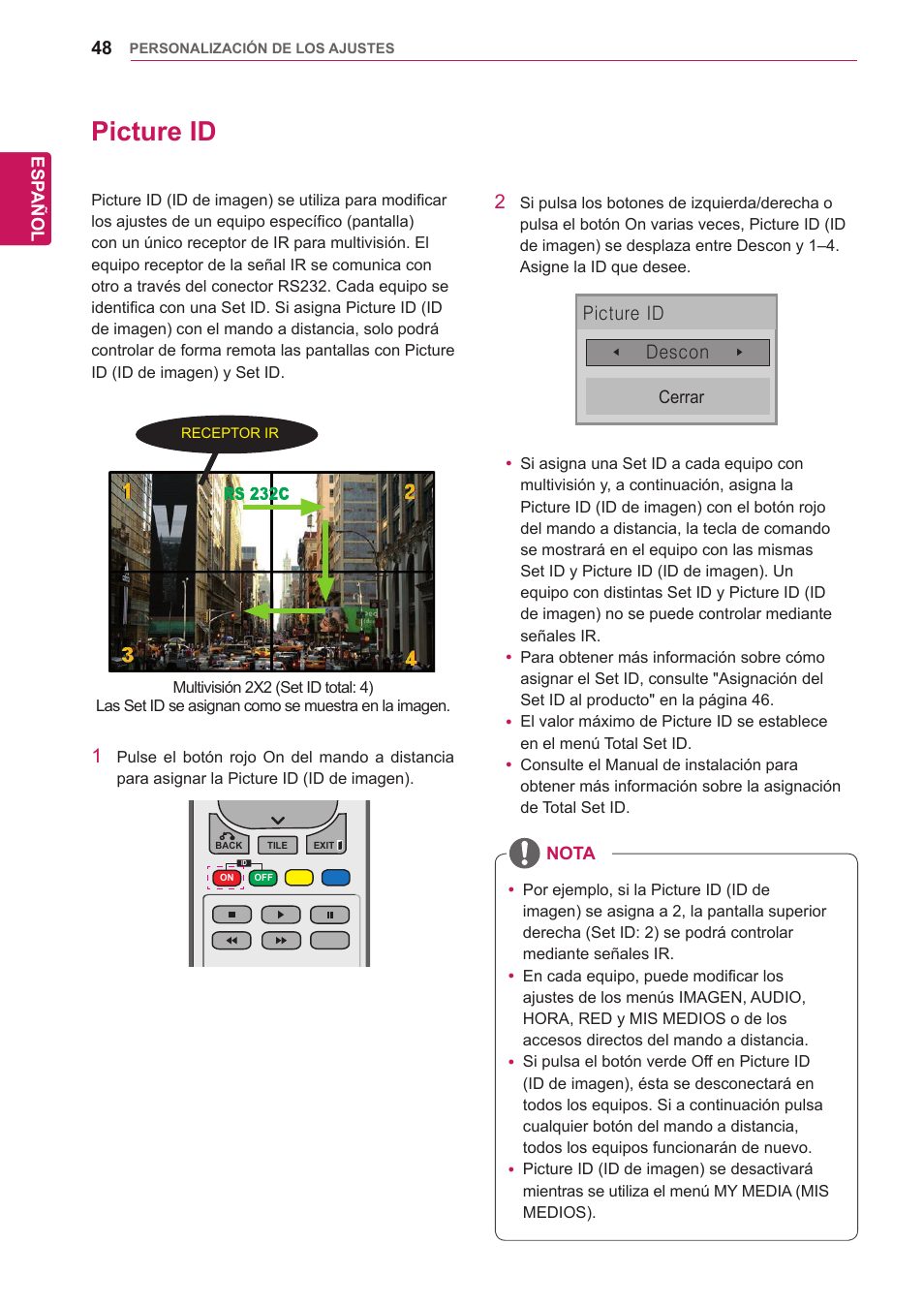 Picture id, 48 picture id, Descon | Esp añol, Nota, Cerrar | LG 32WL30MS-B User Manual | Page 48 / 74