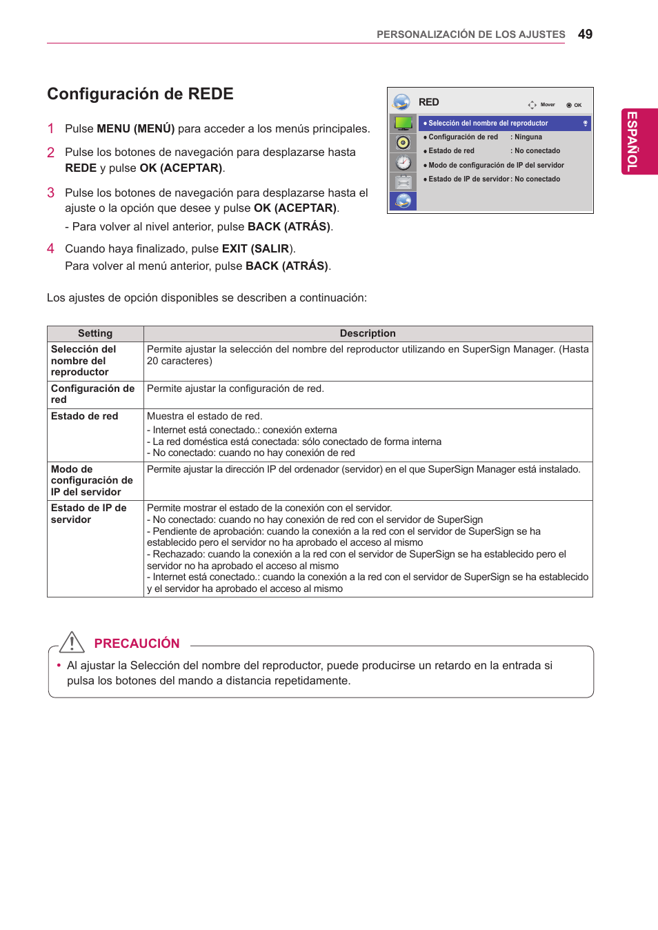 Configuración de rede | LG 32WL30MS-B User Manual | Page 49 / 74