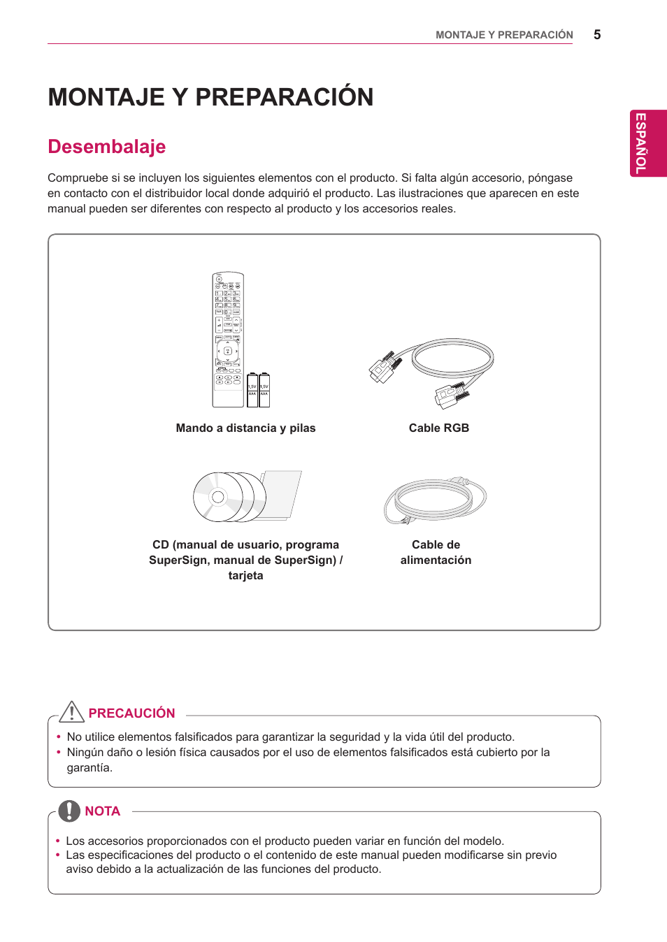 Montaje y preparación, Desembalaje, Esp añol | Precaución nota, Monitor | LG 32WL30MS-B User Manual | Page 5 / 74