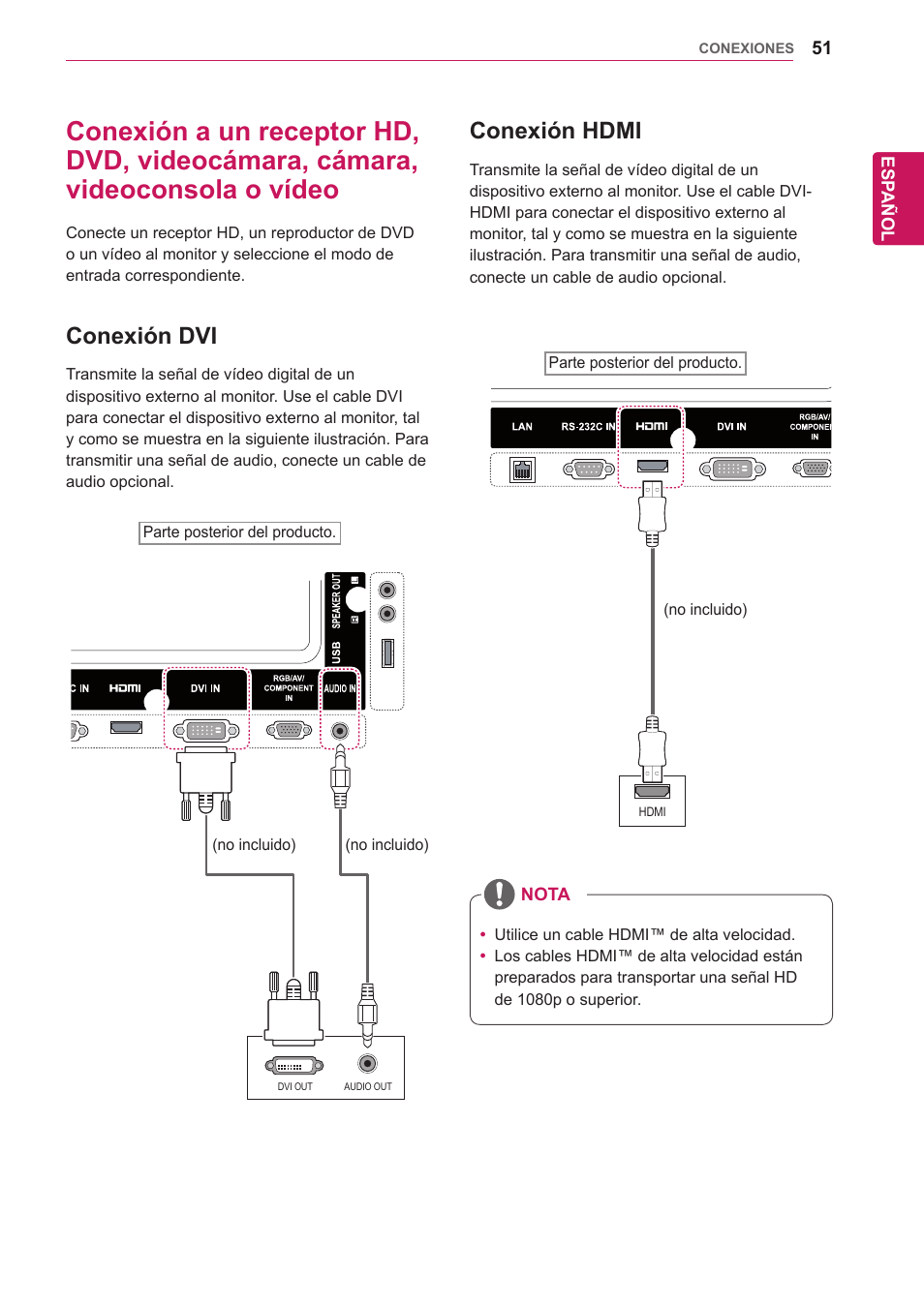 Conexión dvi, Conexión hdmi, 51 conexión a un receptor hd, dvd | Videocámara, cámara, videoconsola o vídeo | LG 32WL30MS-B User Manual | Page 51 / 74