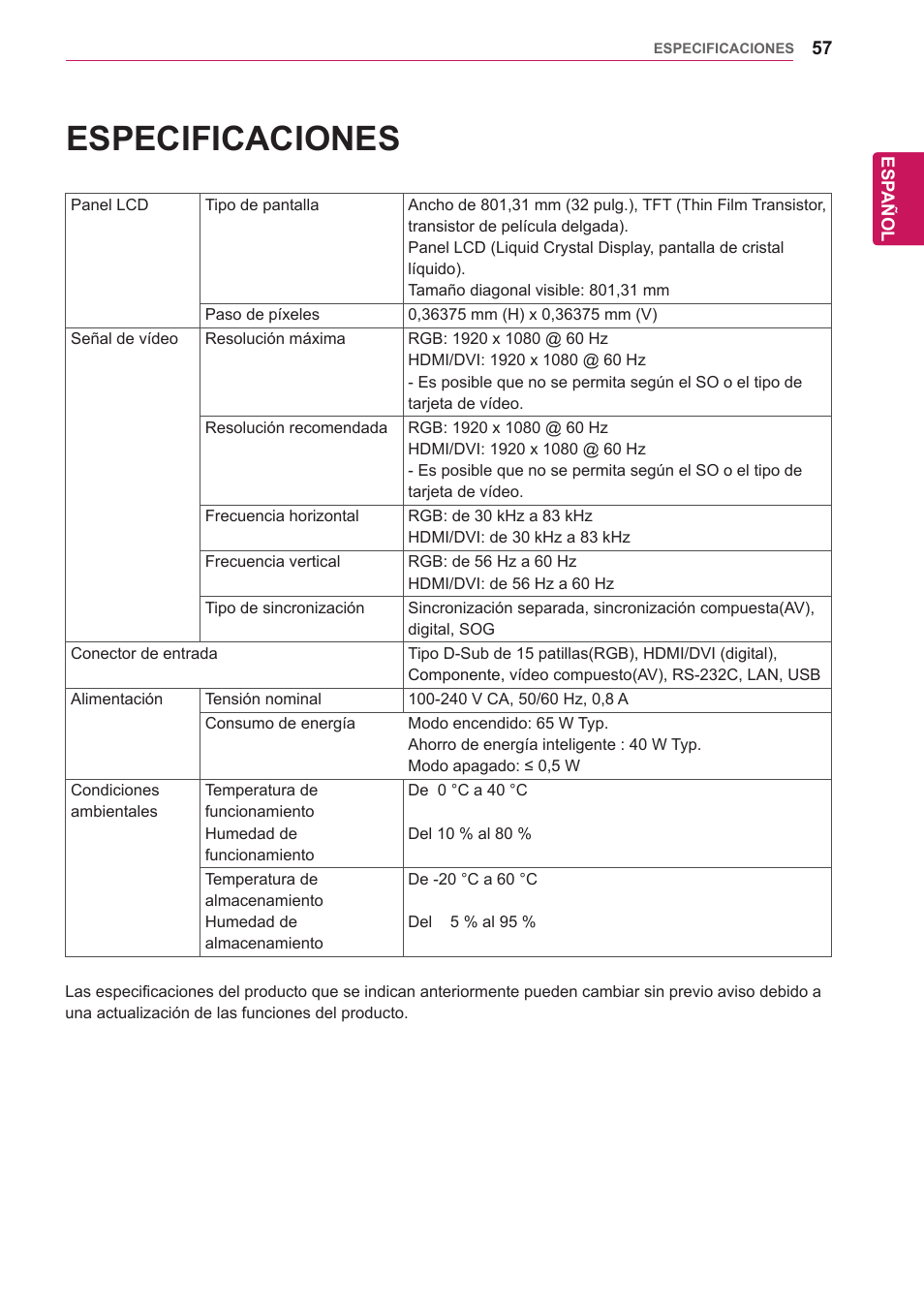 Especificaciones | LG 32WL30MS-B User Manual | Page 57 / 74