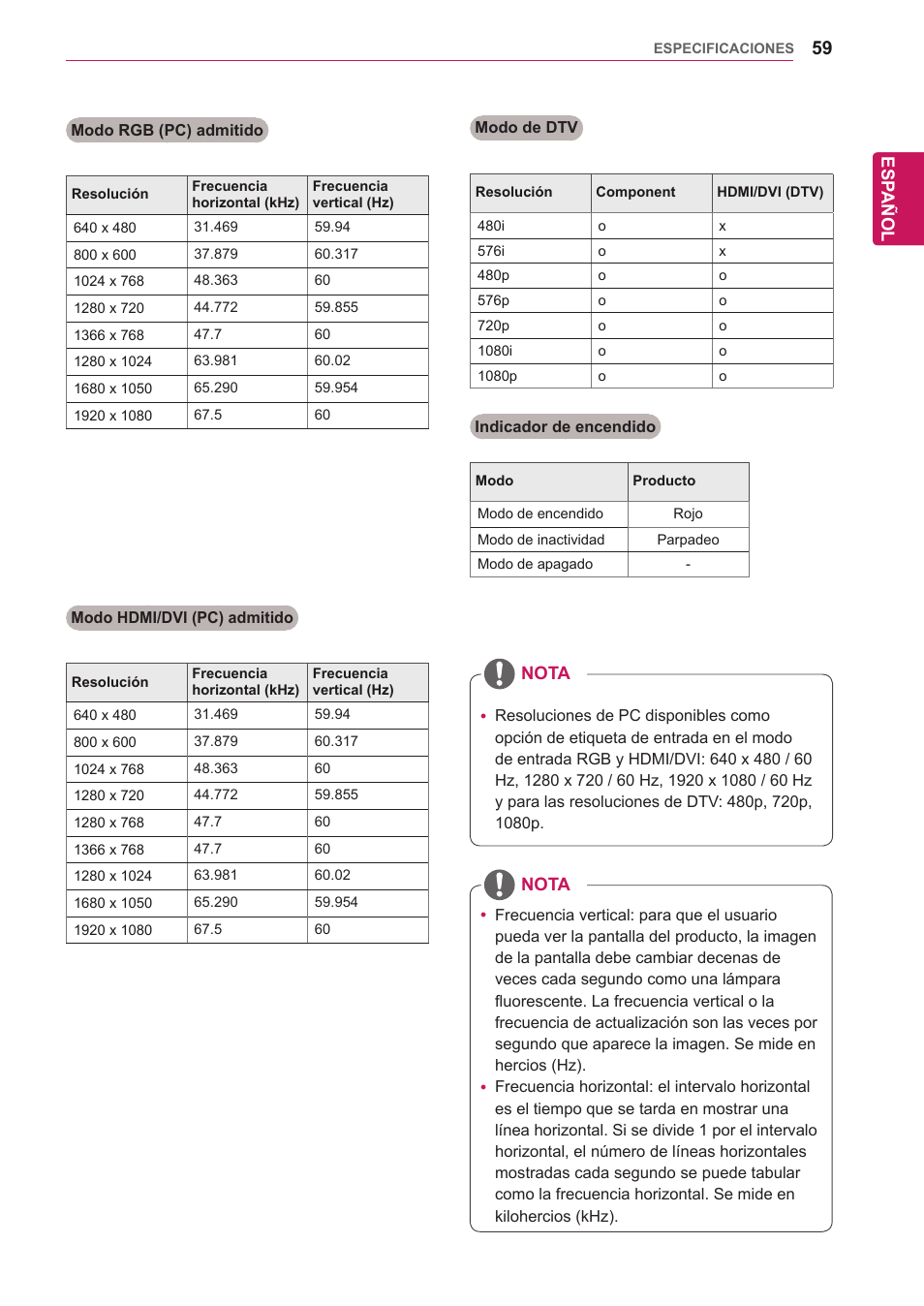 Esp añol, Nota | LG 32WL30MS-B User Manual | Page 59 / 74
