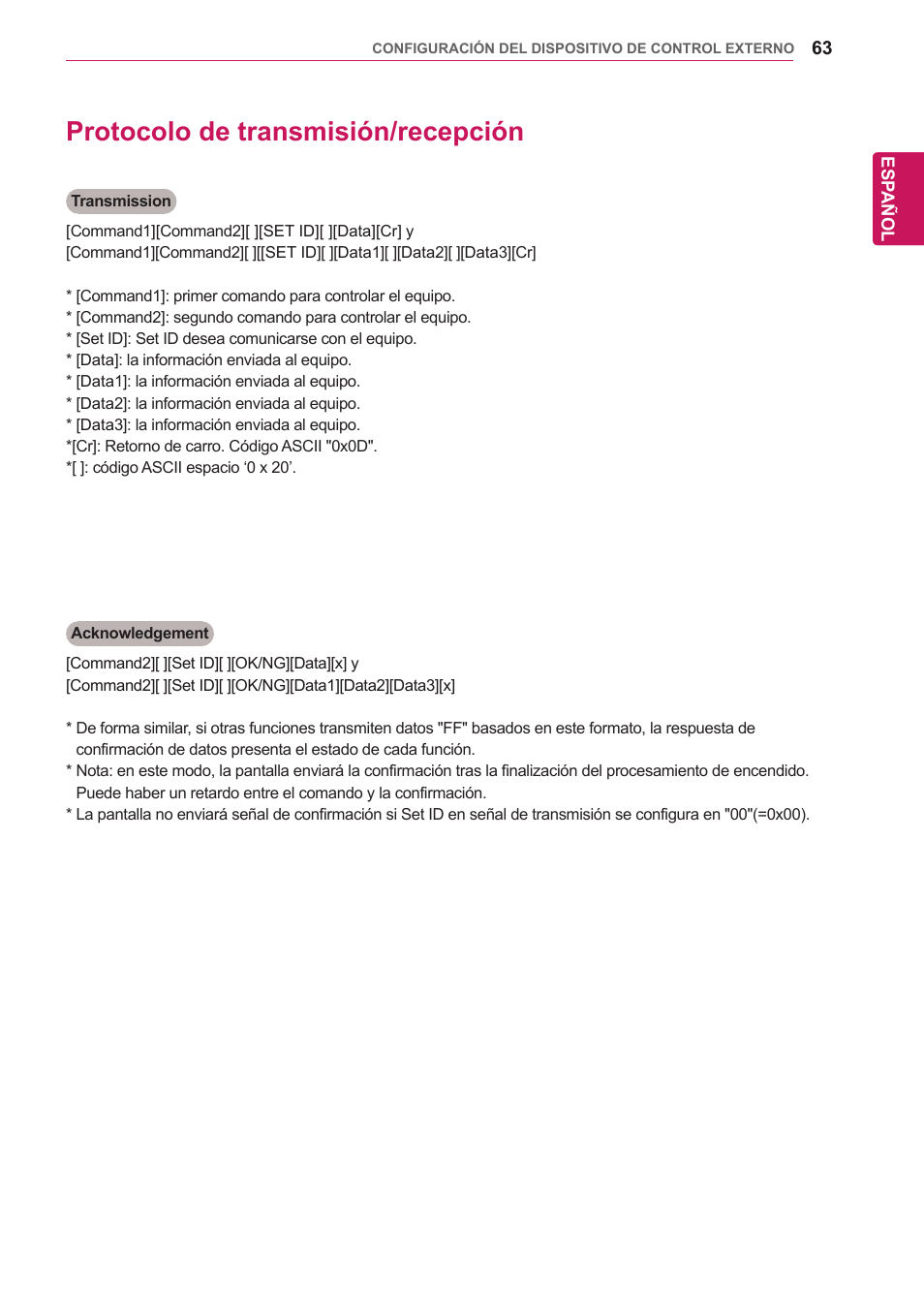 Protocolo de transmisión/recepción, 63 protocolo de transmisión/recepción | LG 32WL30MS-B User Manual | Page 63 / 74