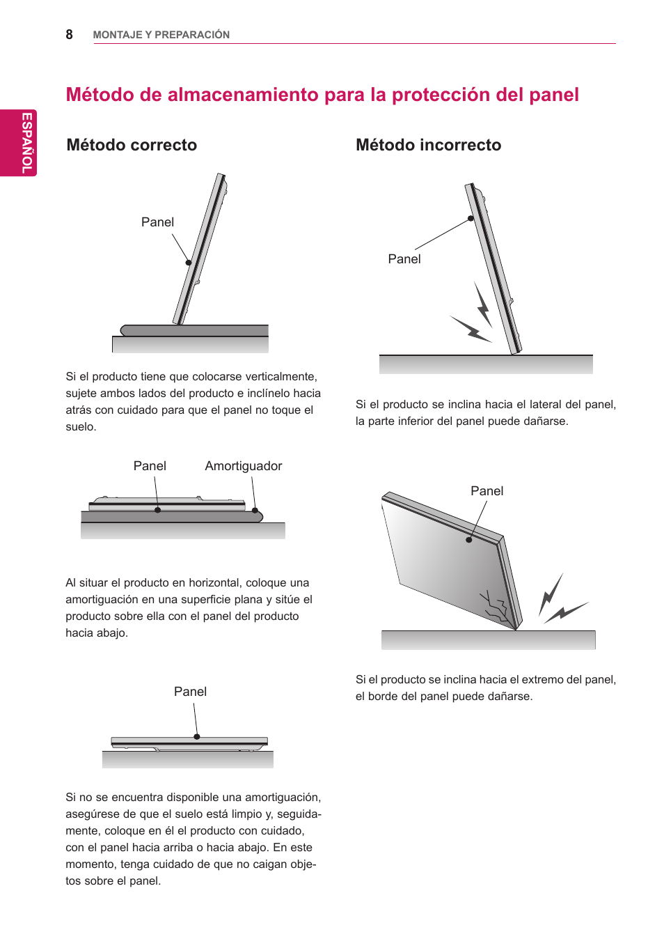 Método correcto, Método incorrecto, Método correcto método incorrecto | LG 32WL30MS-B User Manual | Page 8 / 74
