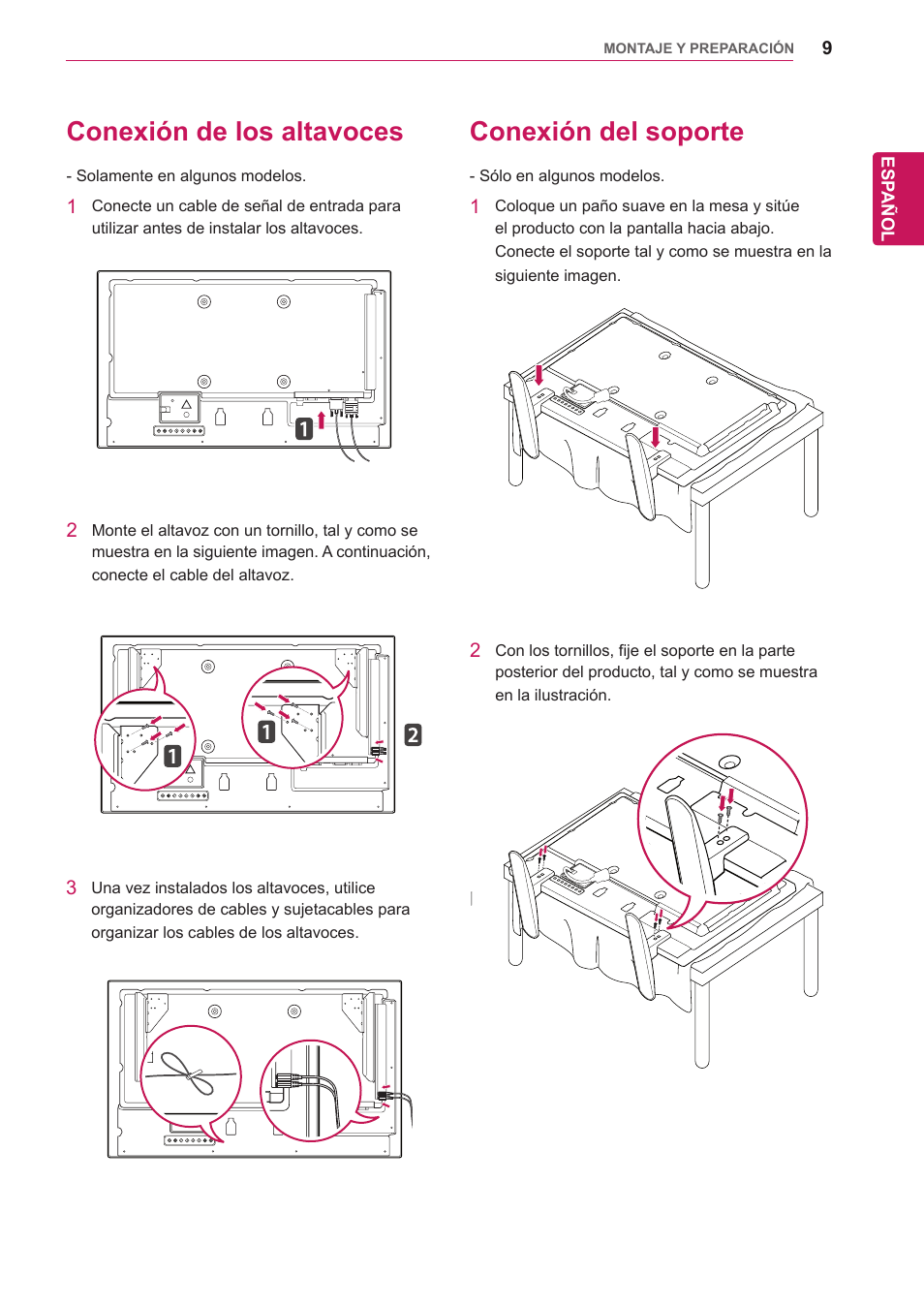 Conexión de los altavoces, Conexión del soporte | LG 32WL30MS-B User Manual | Page 9 / 74