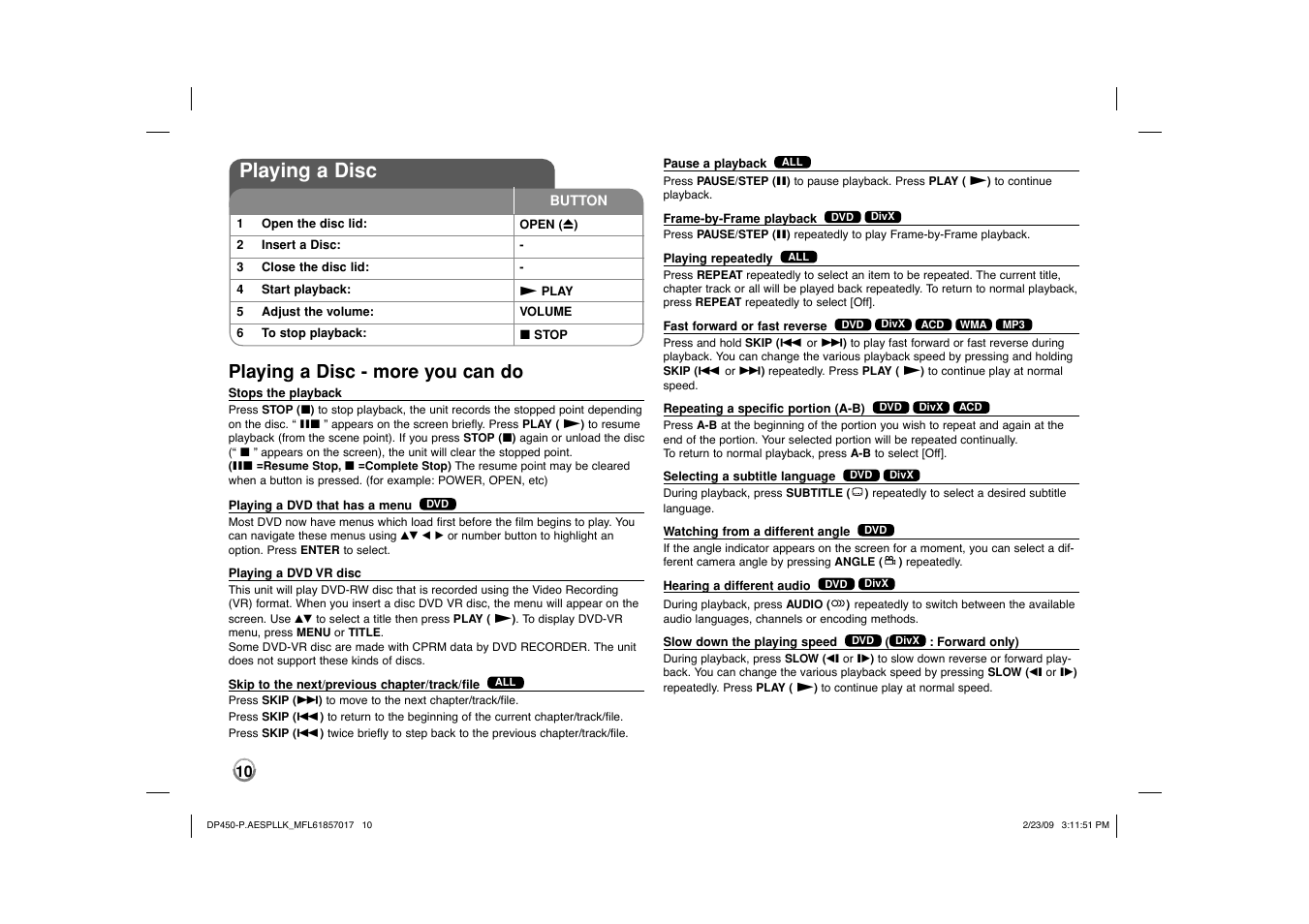 Playing a disc, Playing a disc - more you can do | LG DP450 User Manual | Page 10 / 70