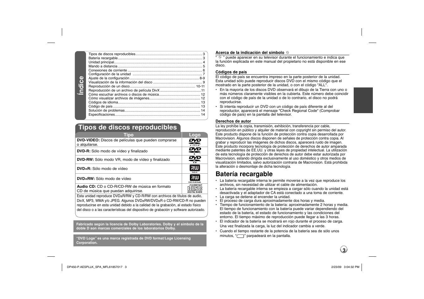 Índice tipos de discos reproducibles, Batería recargable | LG DP450 User Manual | Page 17 / 70