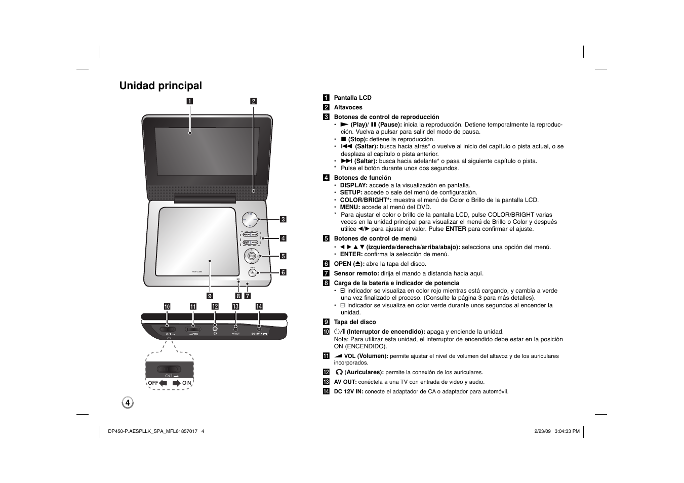 Unidad principal | LG DP450 User Manual | Page 18 / 70